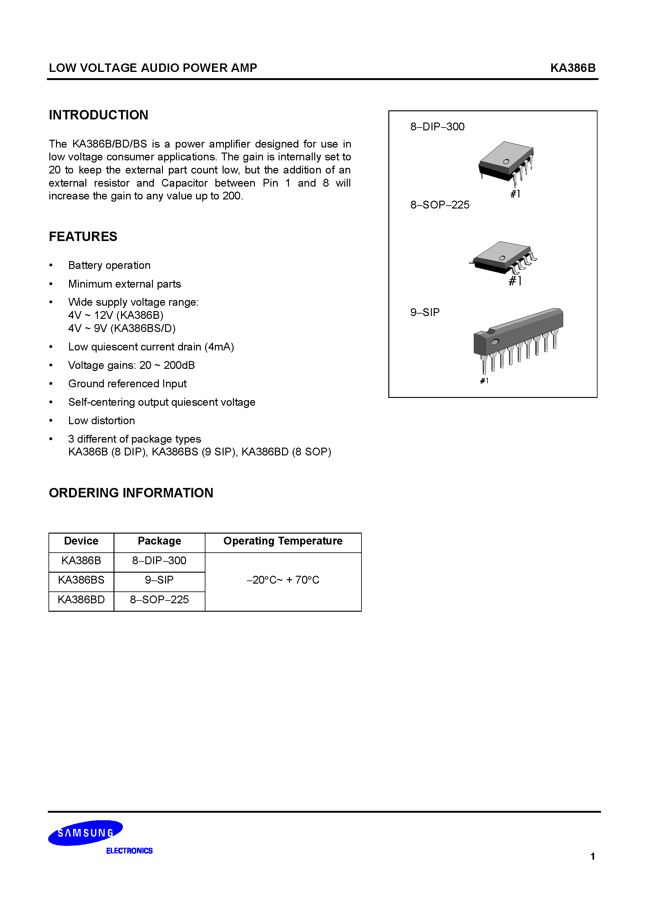 Datasheet KA386BD - the ka386b/bd/bs is a power amplifier designed for use in low voltage consumer applications page 1
