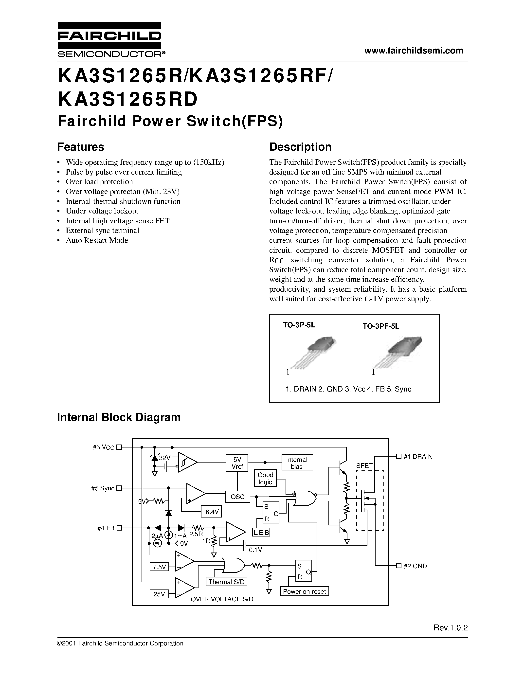 Datasheet KA3S1265RD-YDTU page 1 Datasheet KA3S1265RD-YDTU - Fairchild Power Switch(FPS) page 1