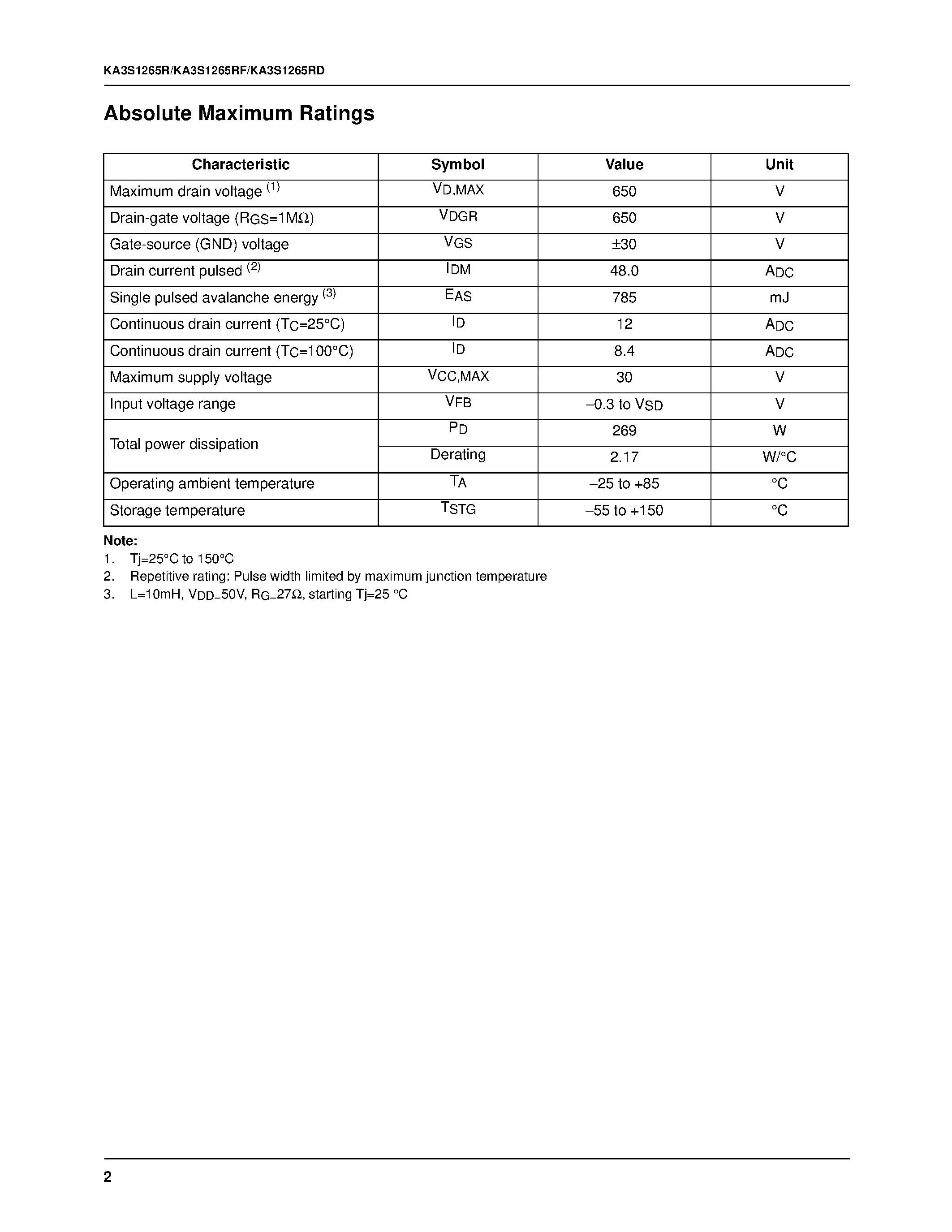 Datasheet KA3S1265RF-TU page 2 Datasheet KA3S1265RF-TU - Fairchild Power Switch(FPS) page 2