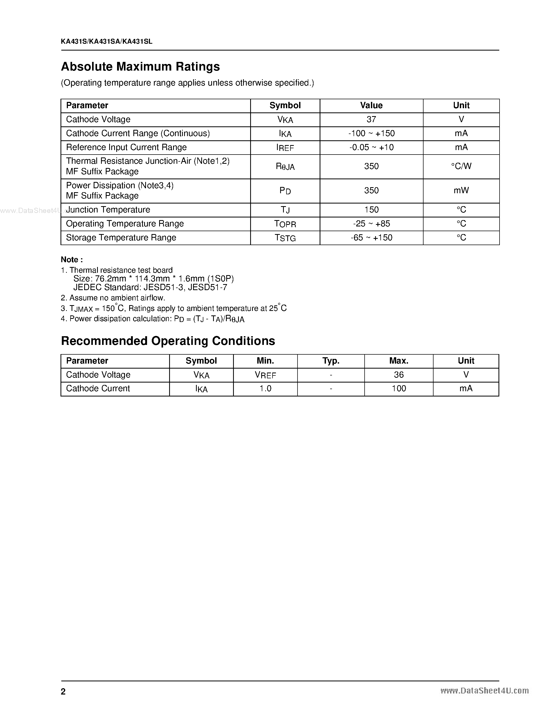 Datasheet KA431SLMF2 page 2 Datasheet KA431SLMF2 - Programmable Shunt Regulator page 2