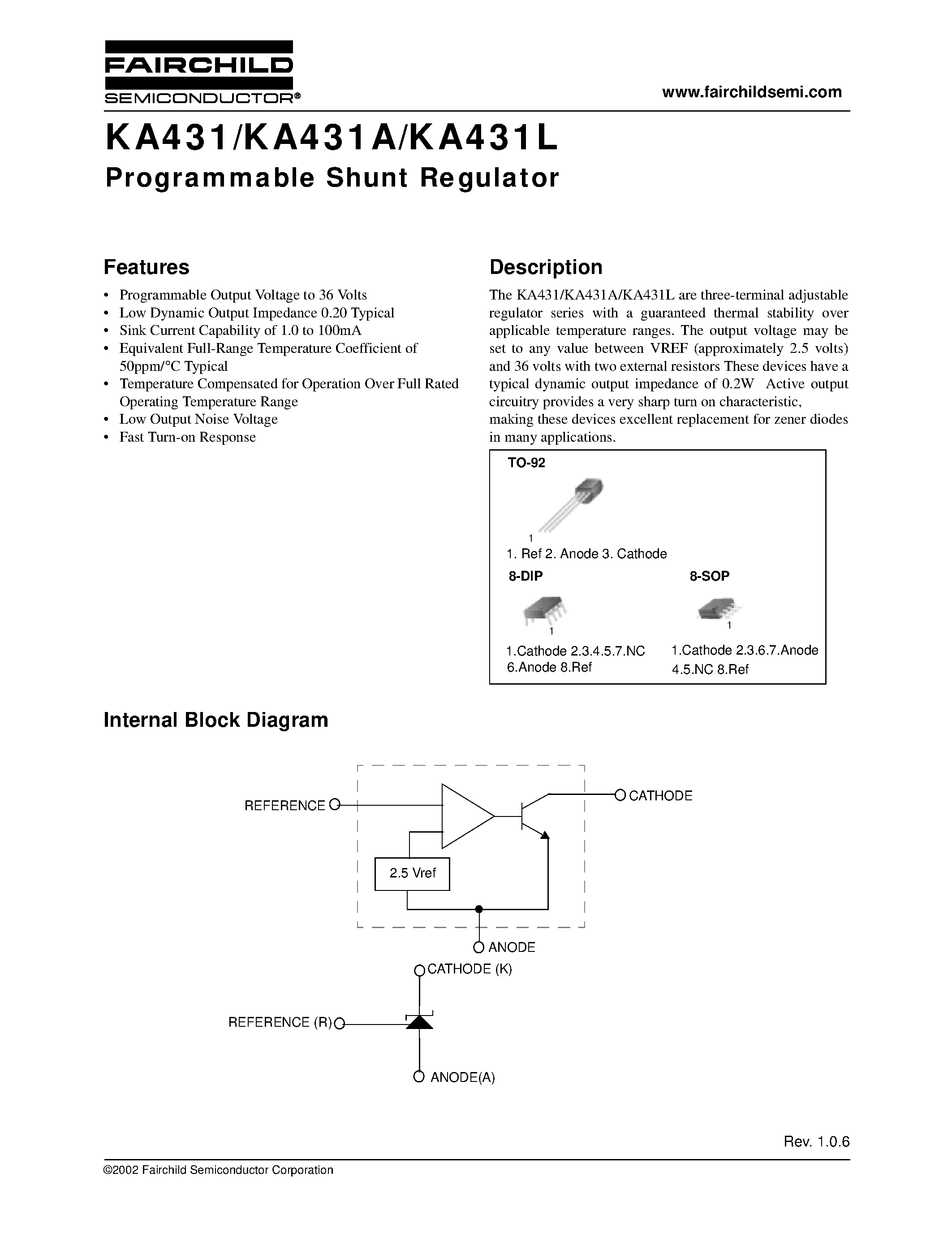 Datasheet KA431Z - Programmable Shunt Regulator page 1