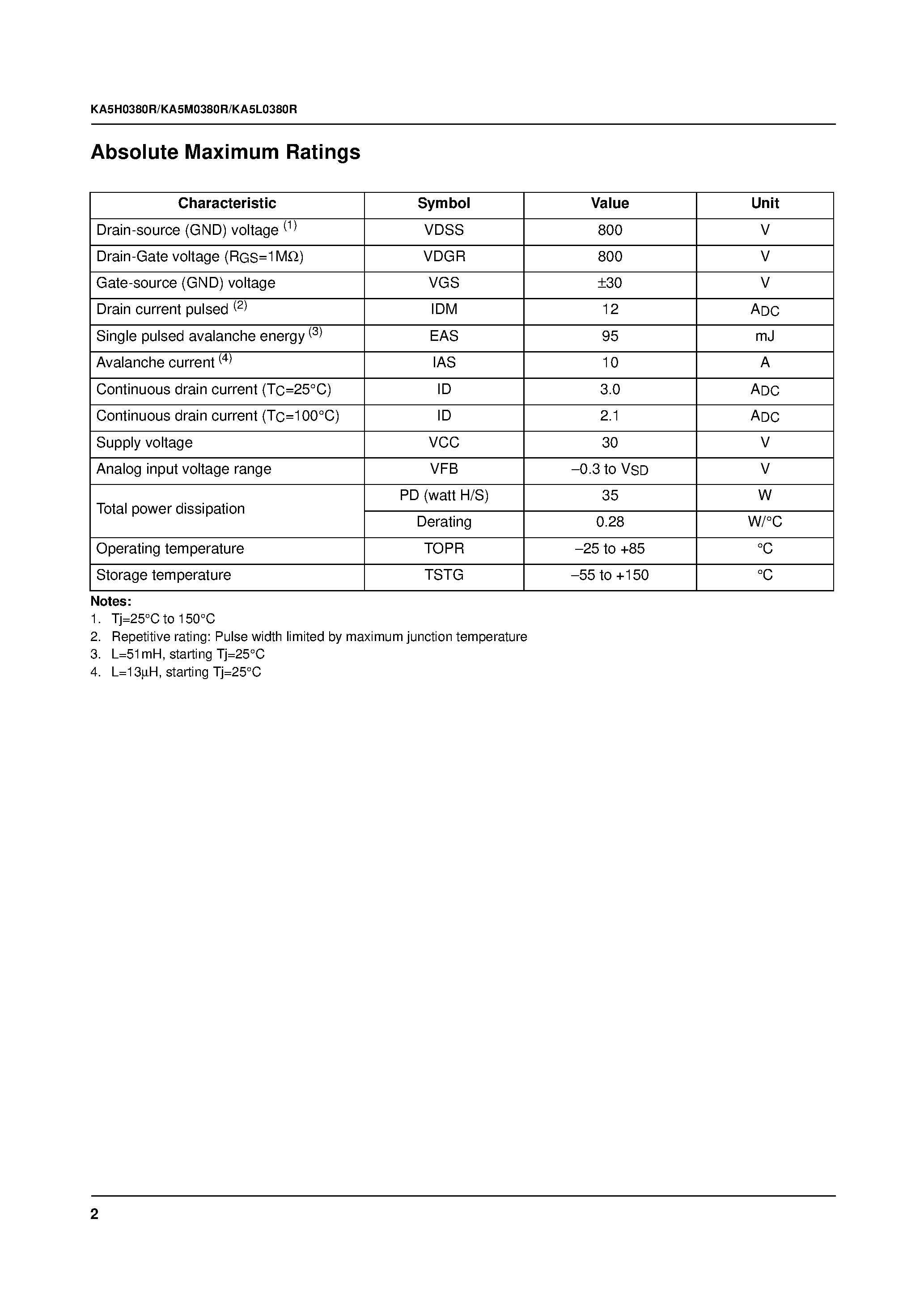 Datasheet KA5H0380R - Fairchild Power Switch(FPS) page 2