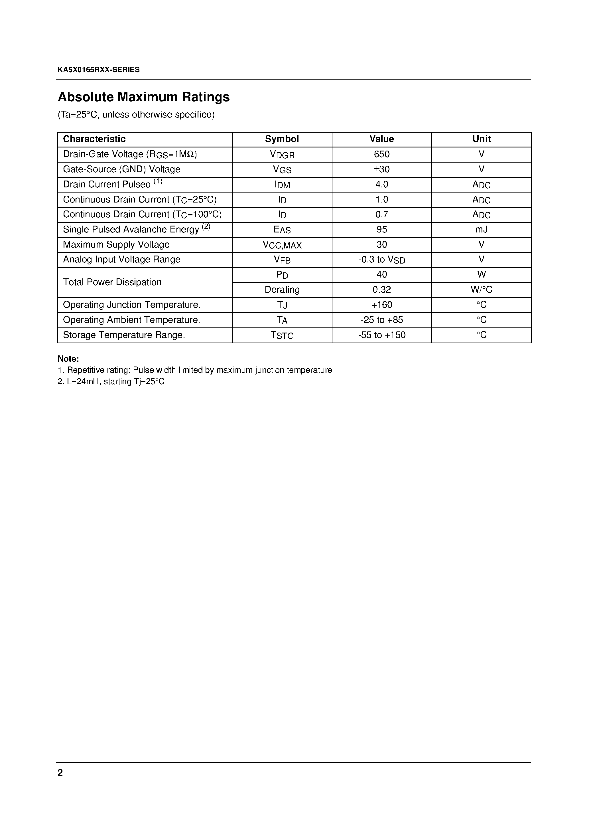 Datasheet KA5L0165 page 2 Datasheet KA5L0165 - Fairchild Power Switch(FPS) page 2