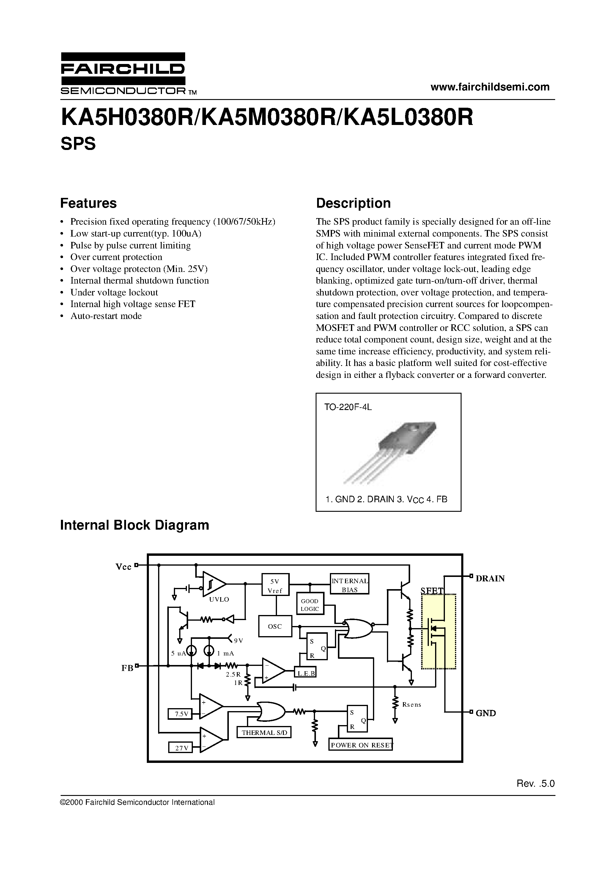 Datasheet KA5L0380 page 1 Datasheet KA5L0380 - Fairchild Power Switch(FPS) page 1