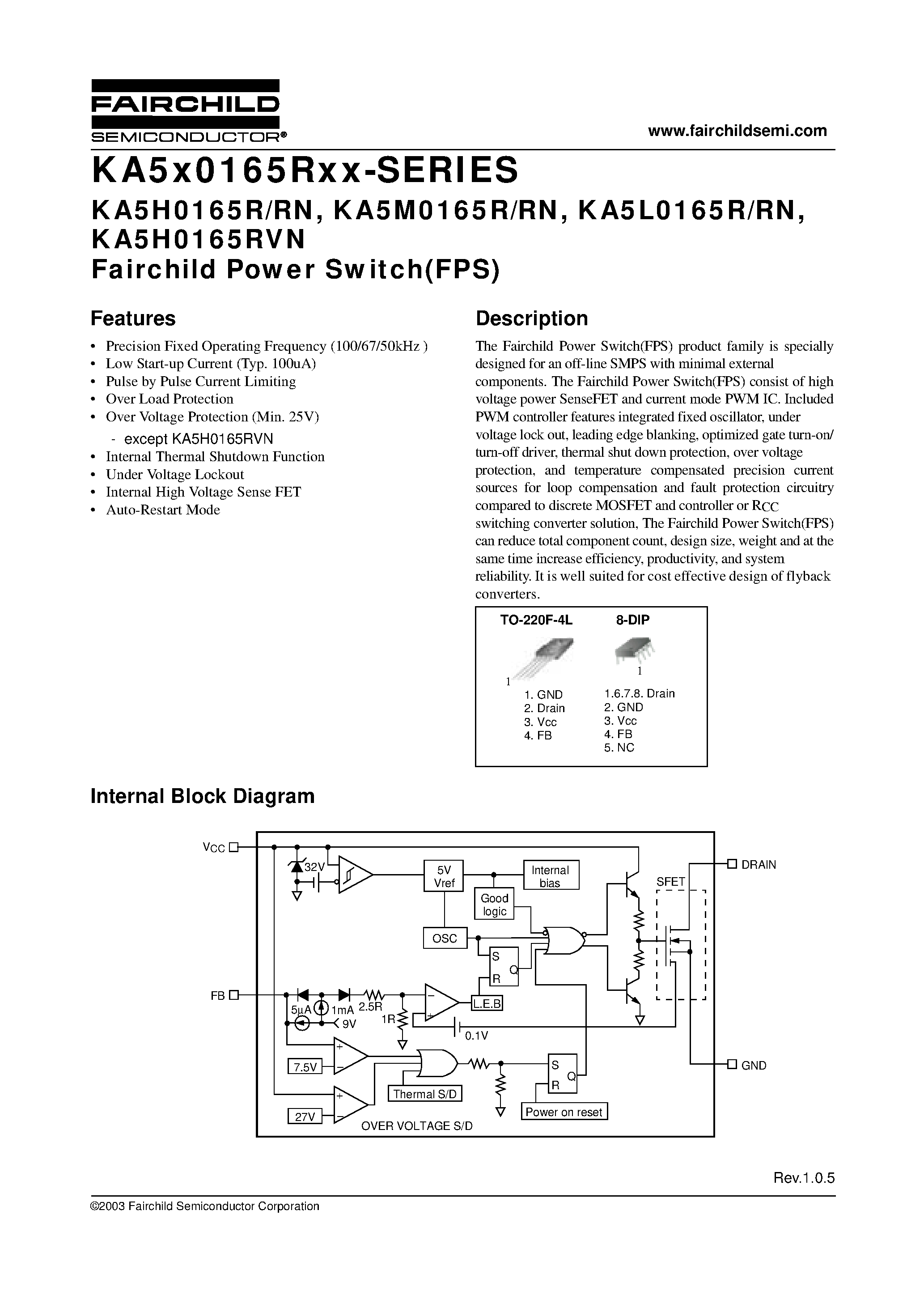 Datasheet KA5M0165 page 1 Datasheet KA5M0165 - Fairchild Power Switch(FPS) page 1