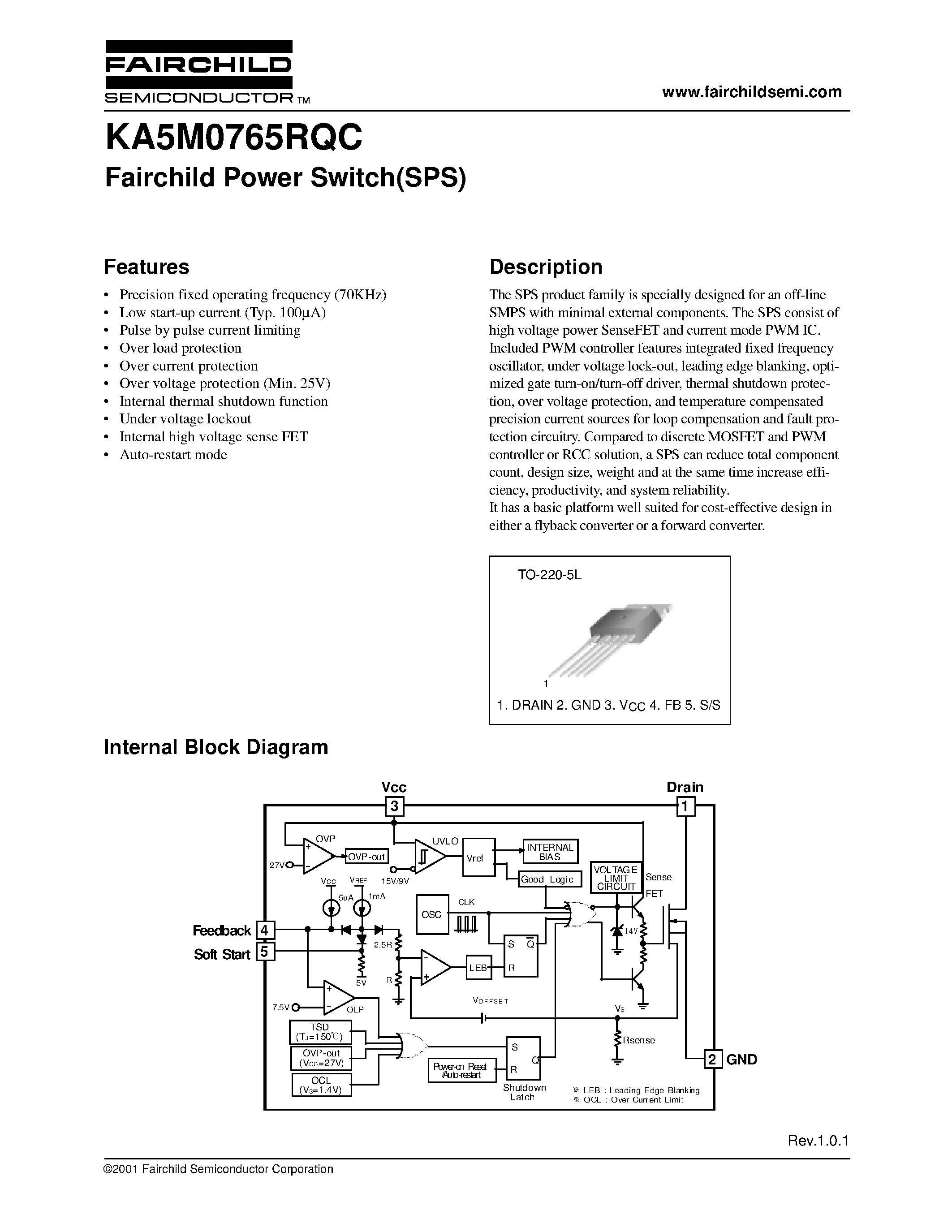 Datasheet KA5M0765RQC-TU page 1 Datasheet KA5M0765RQC-TU - Fairchild Power Switch(SPS) page 1