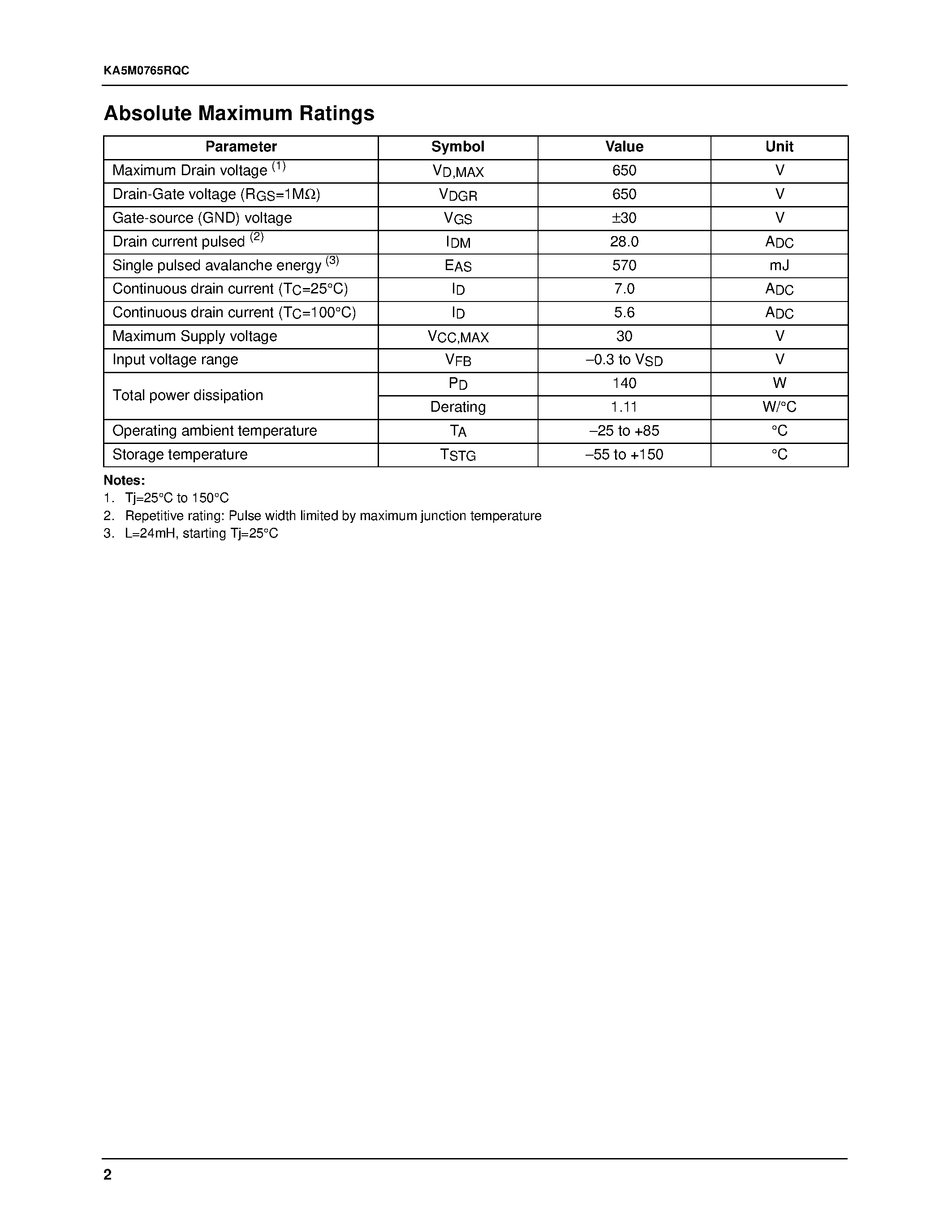 Datasheet KA5M0765RQC-TU page 2 Datasheet KA5M0765RQC-TU - Fairchild Power Switch(SPS) page 2