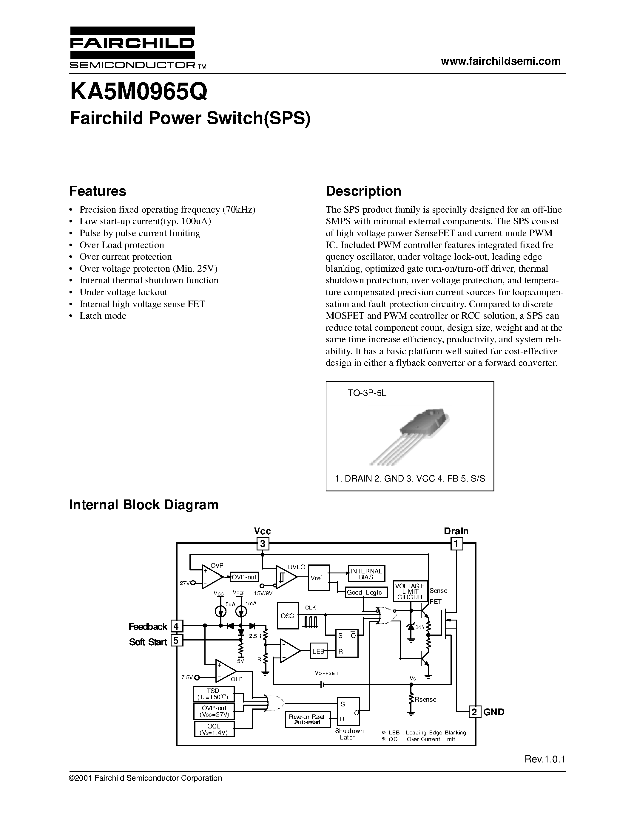 Datasheet KA5M0965 page 1 Datasheet KA5M0965 - Fairchild Power Switch(SPS) page 1