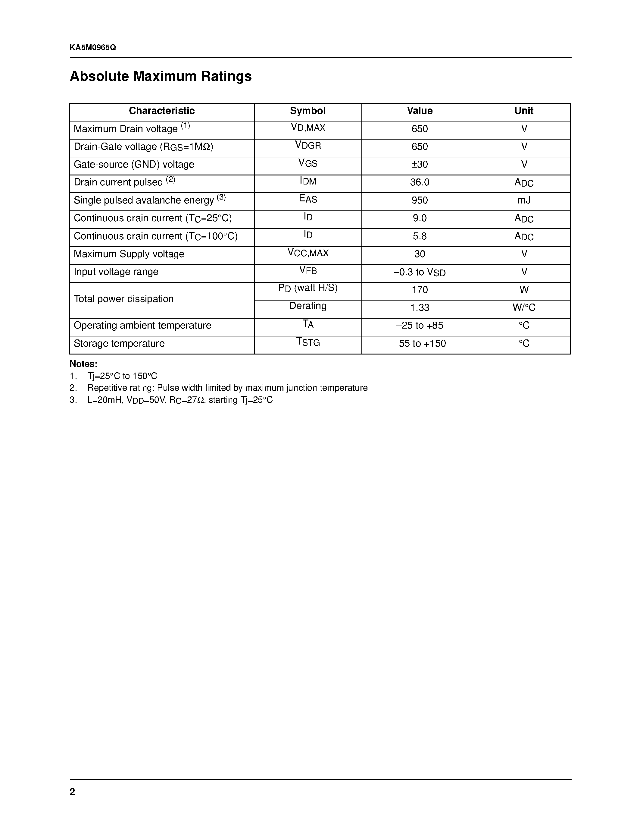 Datasheet KA5M0965Q-YDTU - Fairchild Power Switch(SPS) page 2