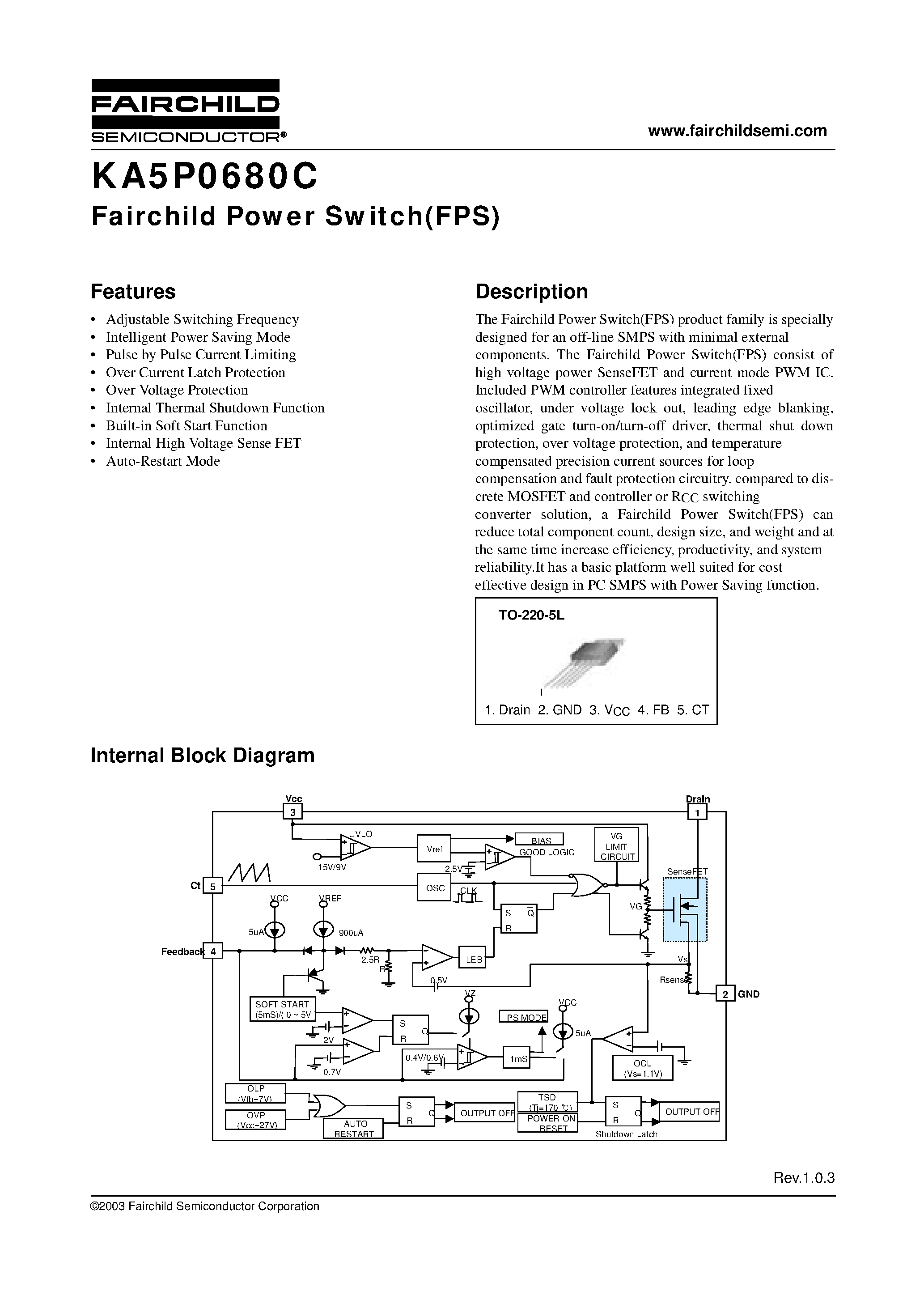 Datasheet KA5P0680CTU page 1 Datasheet KA5P0680CTU - Fairchild Power Switch(FPS) page 1