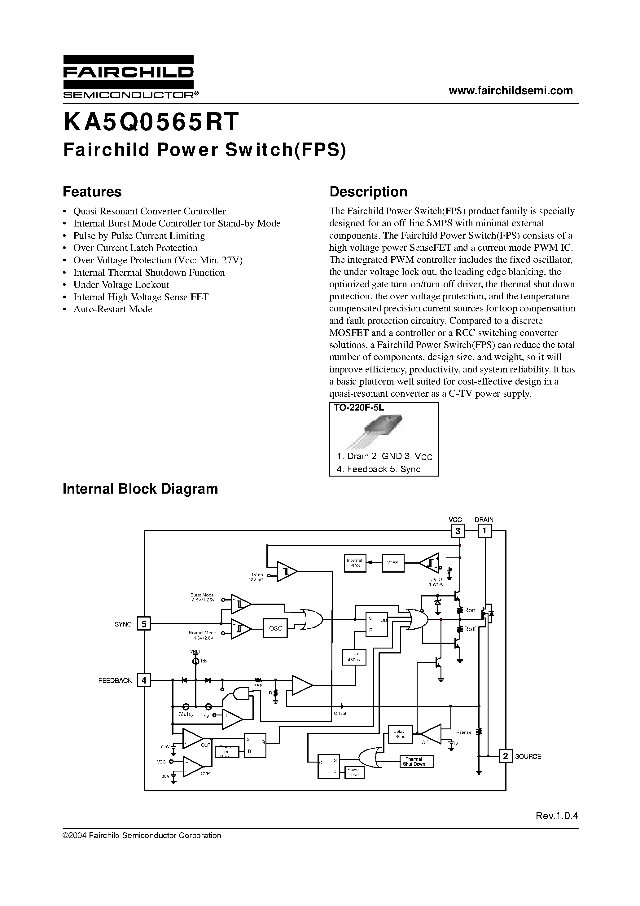 Datasheet KA5Q0565RT page 1 Datasheet KA5Q0565RT - Fairchild Power Switch(FPS) page 1