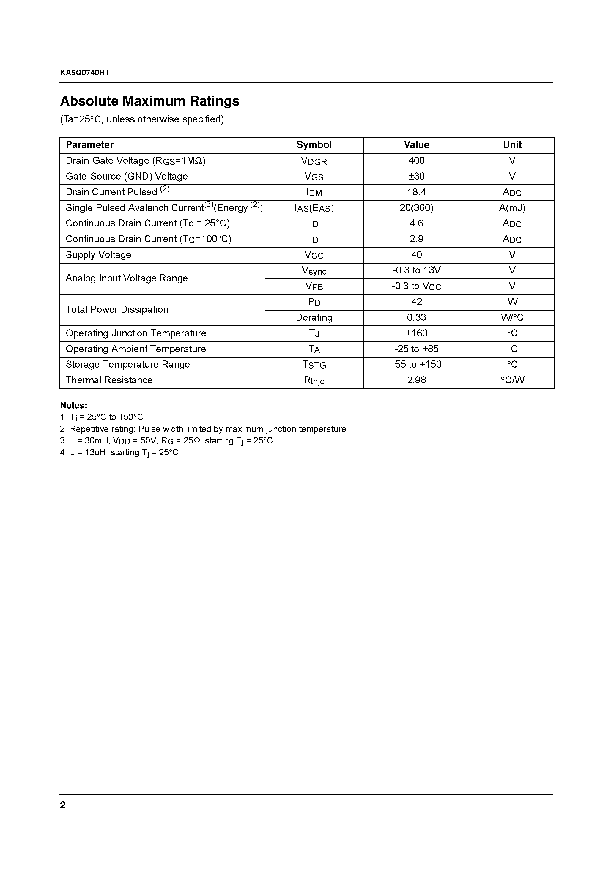 Datasheet KA5Q0740RTTU page 2 Datasheet KA5Q0740RTTU - Fairchild Power Switch(FPS) page 2