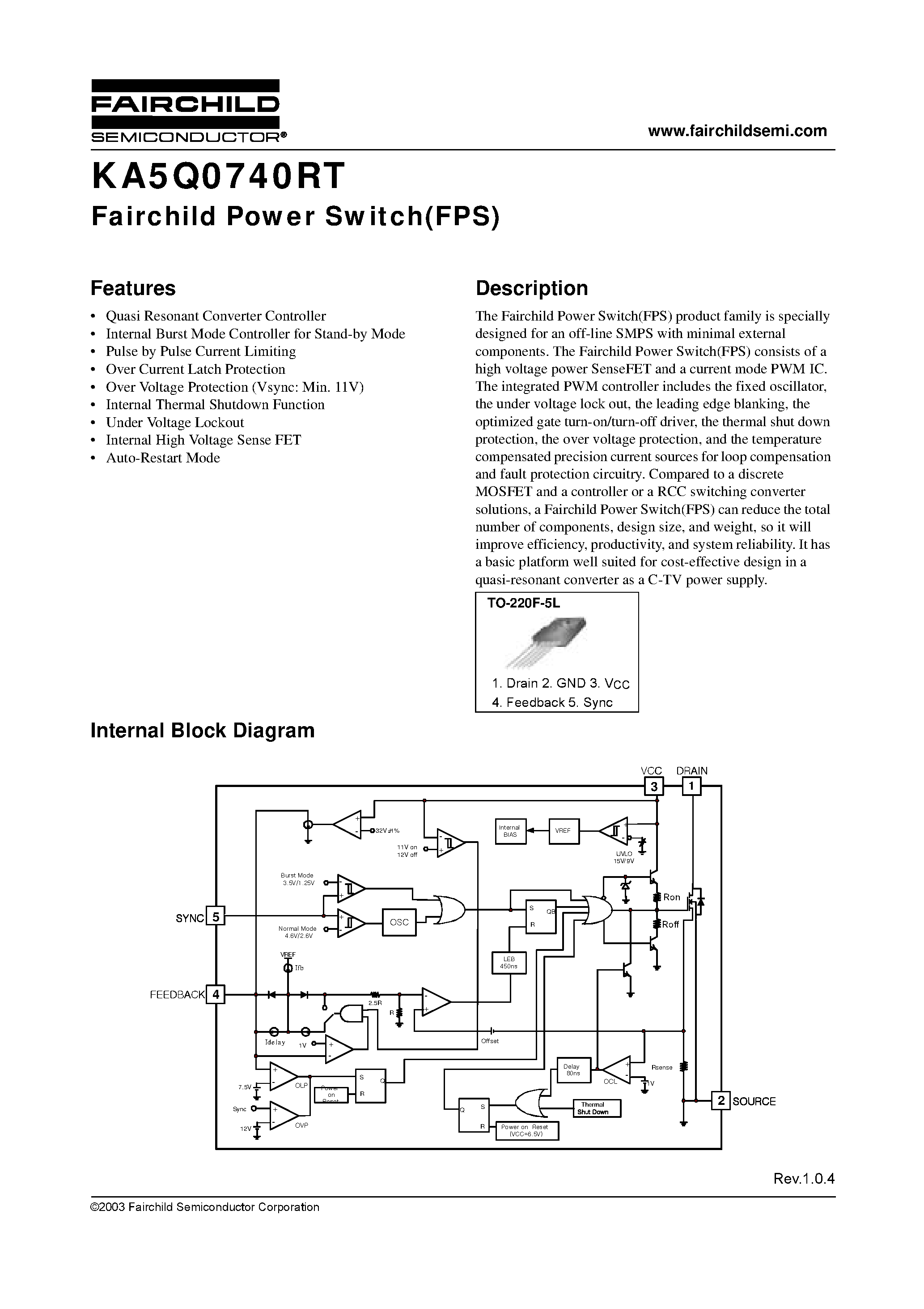 Datasheet KA5Q0740RTYDTU page 1 Datasheet KA5Q0740RTYDTU - Fairchild Power Switch(FPS) page 1