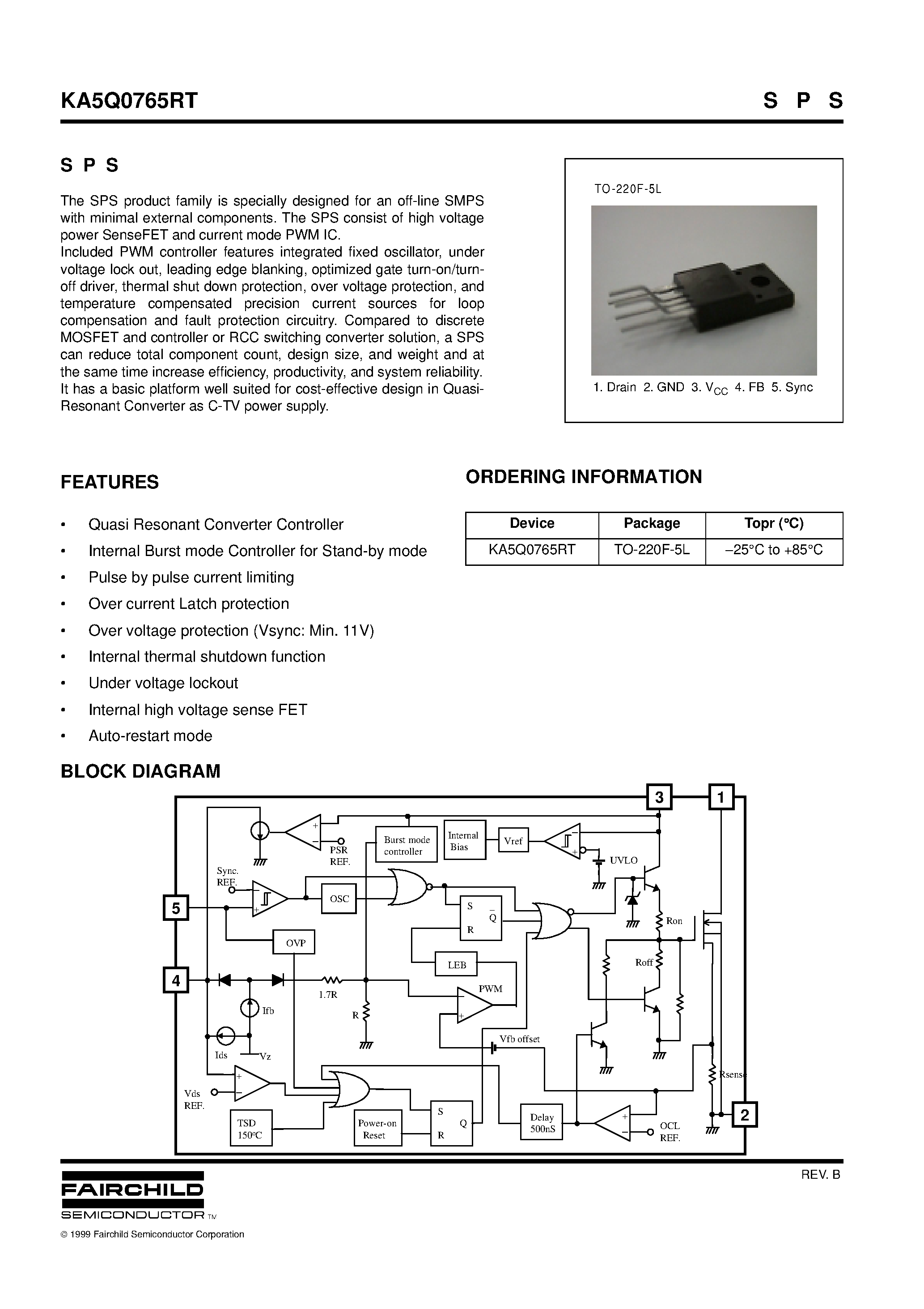 Datasheet KA5Q0765RT page 1 Datasheet KA5Q0765RT - Fairchild Power Switch(FPS) page 1