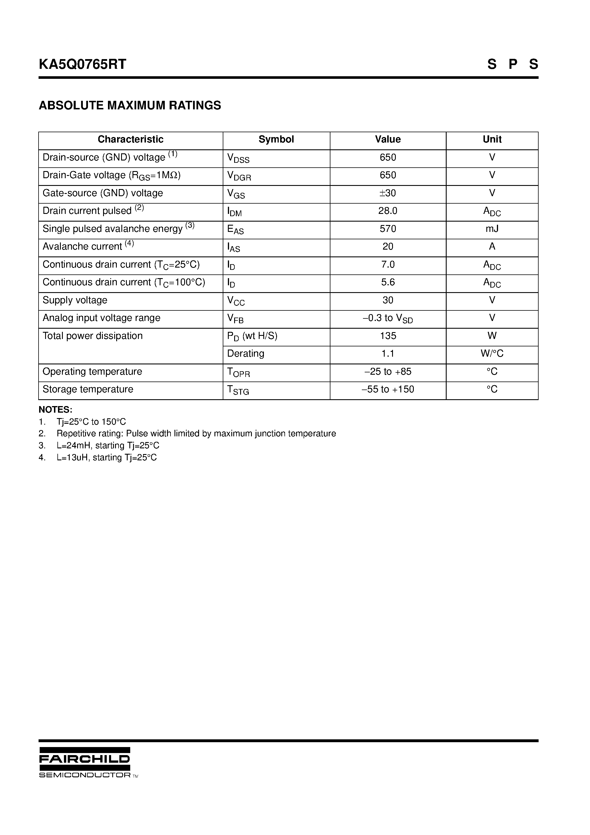 Datasheet KA5Q0765RT page 2 Datasheet KA5Q0765RT - Fairchild Power Switch(FPS) page 2