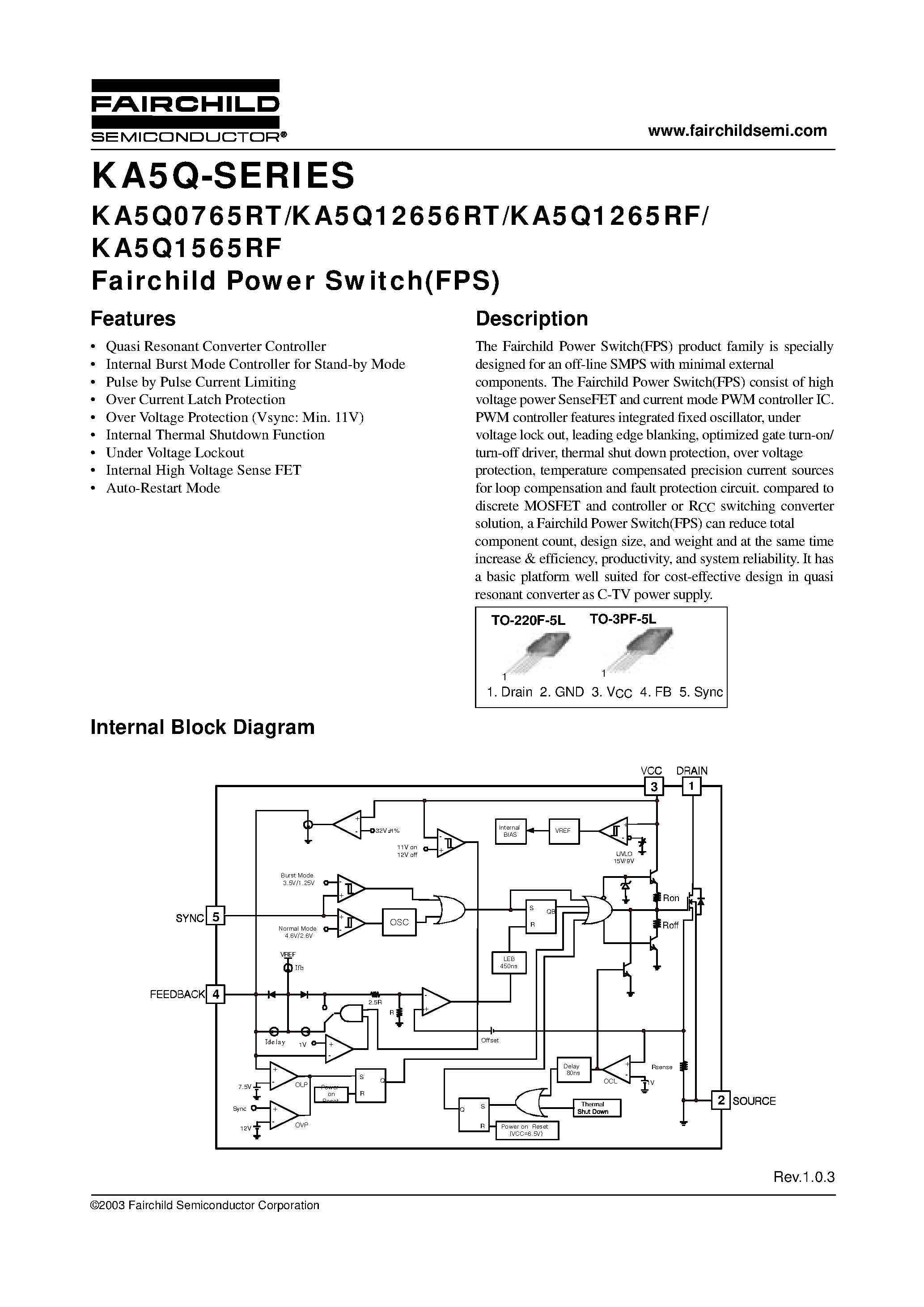 Datasheet KA5Q1565RFTU page 1 Datasheet KA5Q1565RFTU - Fairchild Power Switch(FPS) page 1