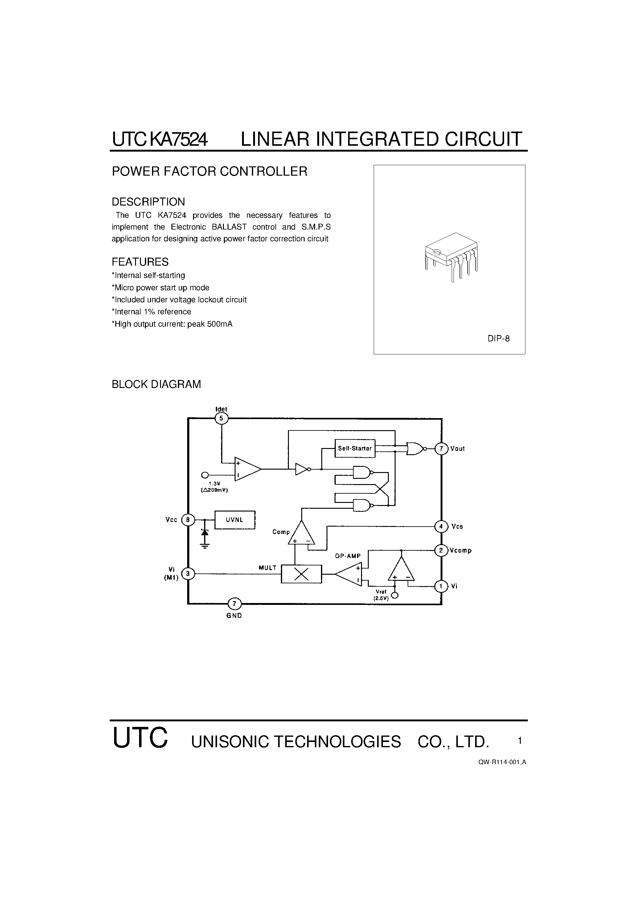 Даташит на микросхему KA7524 страница 1 Даташит KA7524 - POWER FACTOR CONTROLLER страница 1