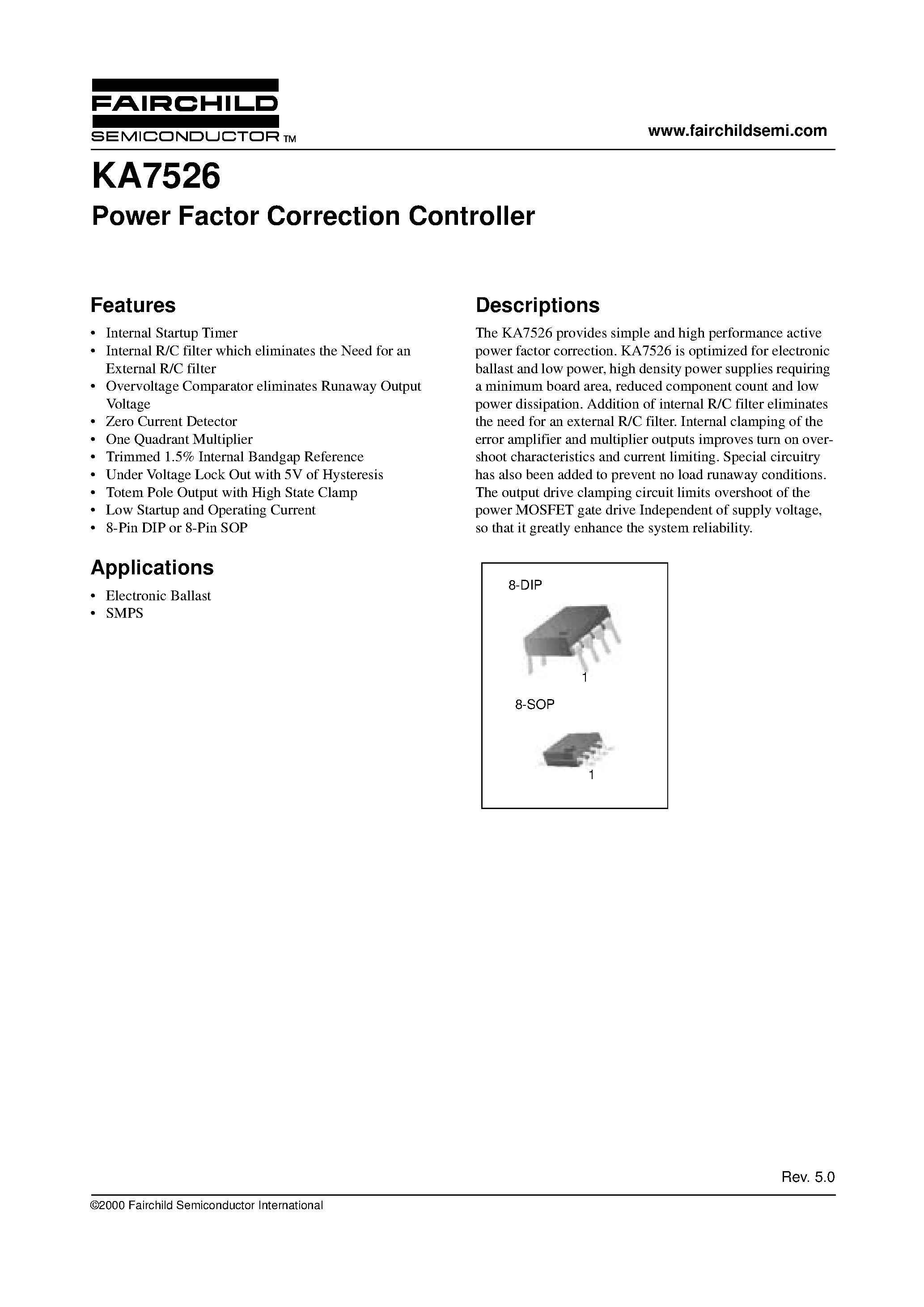 Даташит на микросхему KA7526D страница 1 Даташит KA7526D - Power Factor Correction Controller страница 1