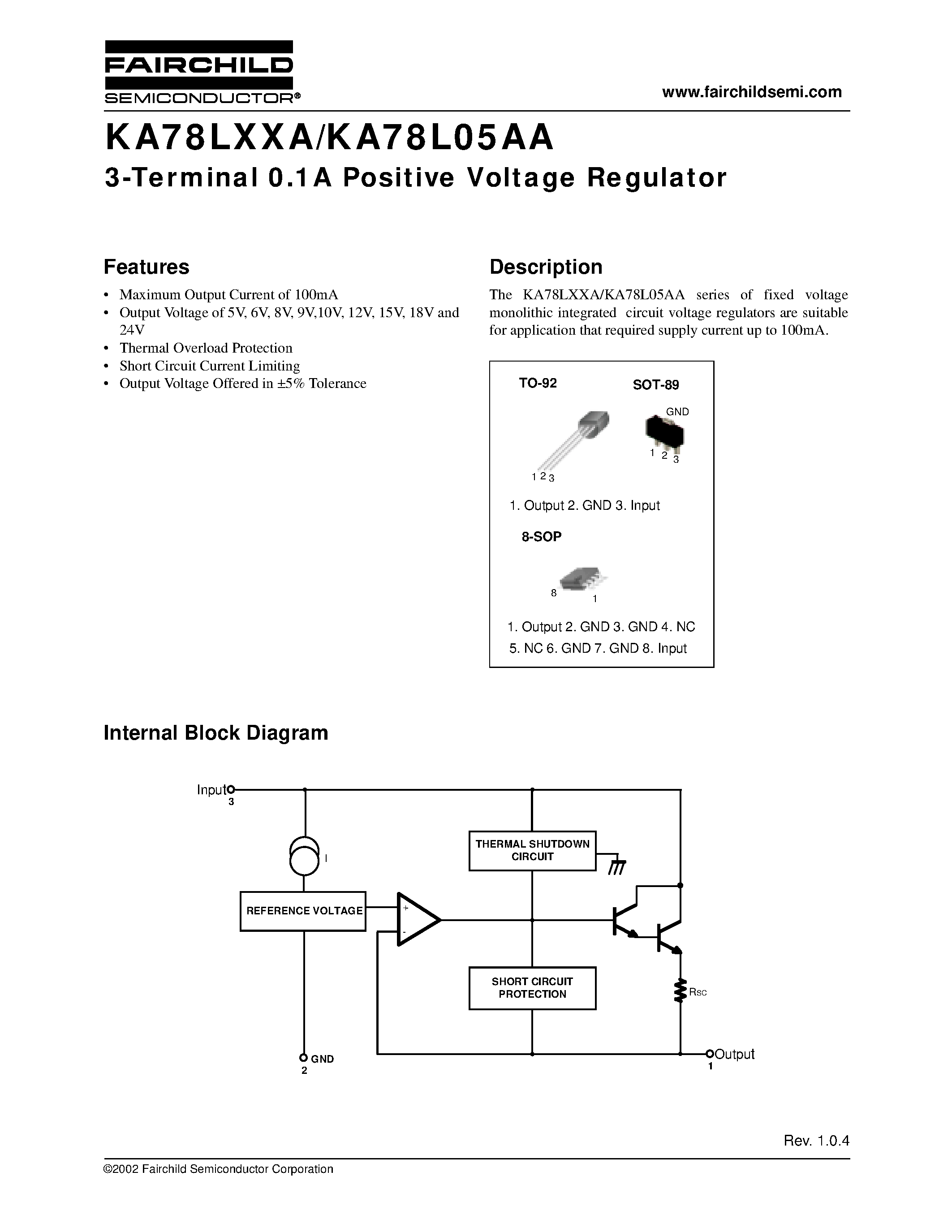 Даташит KA78L05AA - 3-Terminal 0.1A Positive Voltage Regulator страница 1