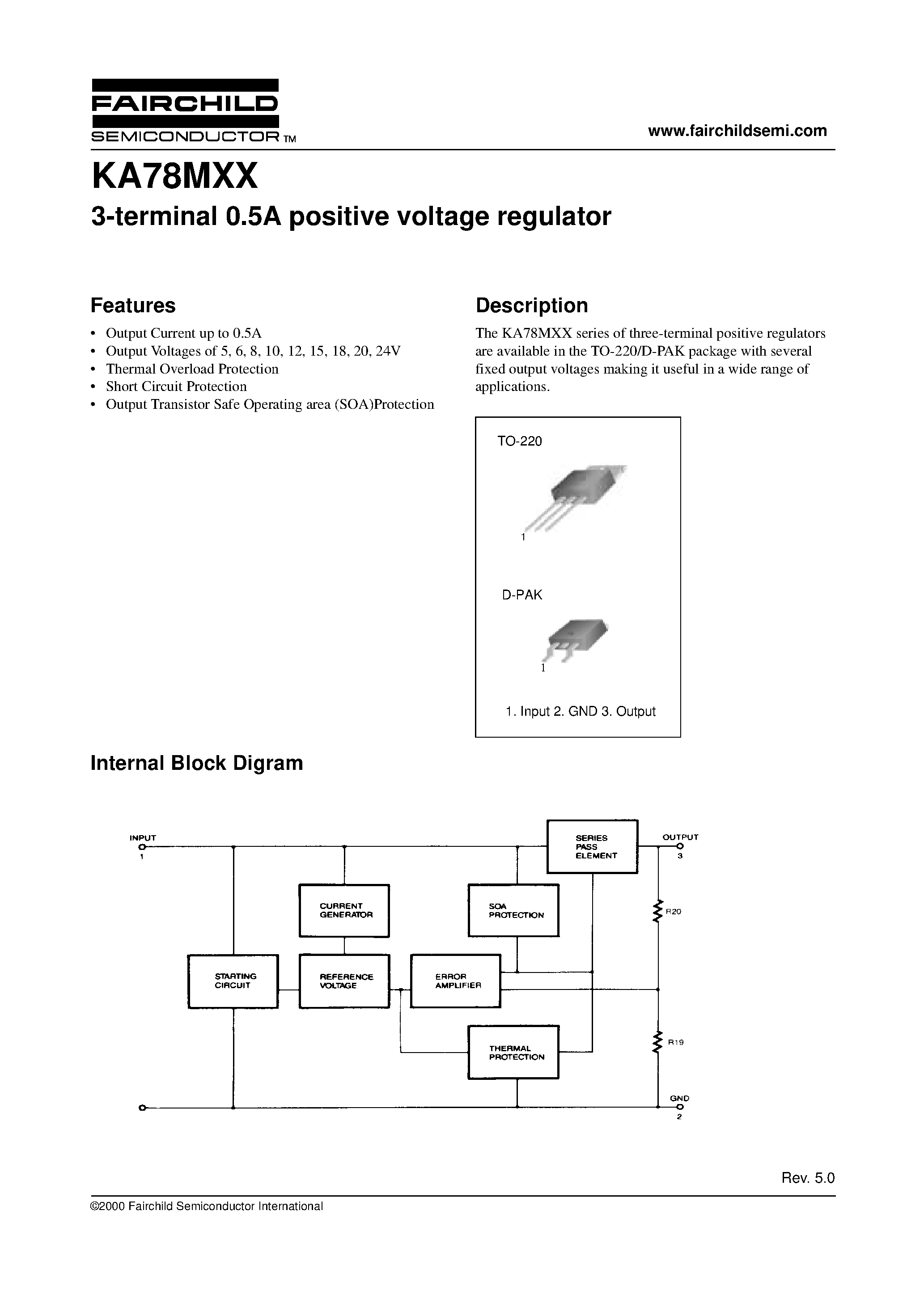 Даташит KA78M05 - 3-terminal 0.5A positive voltage regulator страница 1