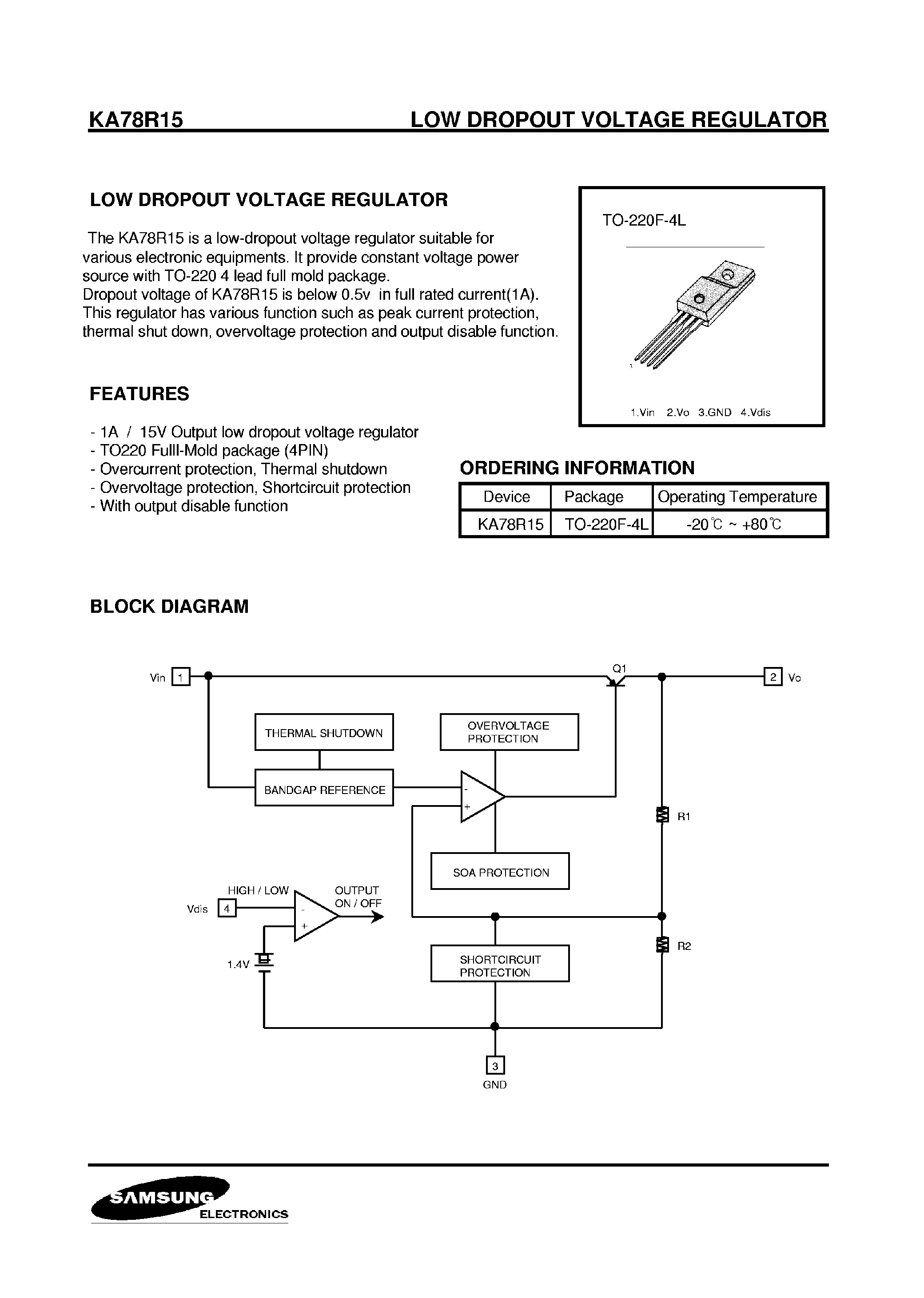 Datasheet KA78R15 page 1 Datasheet KA78R15 - LOW DROPOUT VOLTAGE REGULATOR page 1