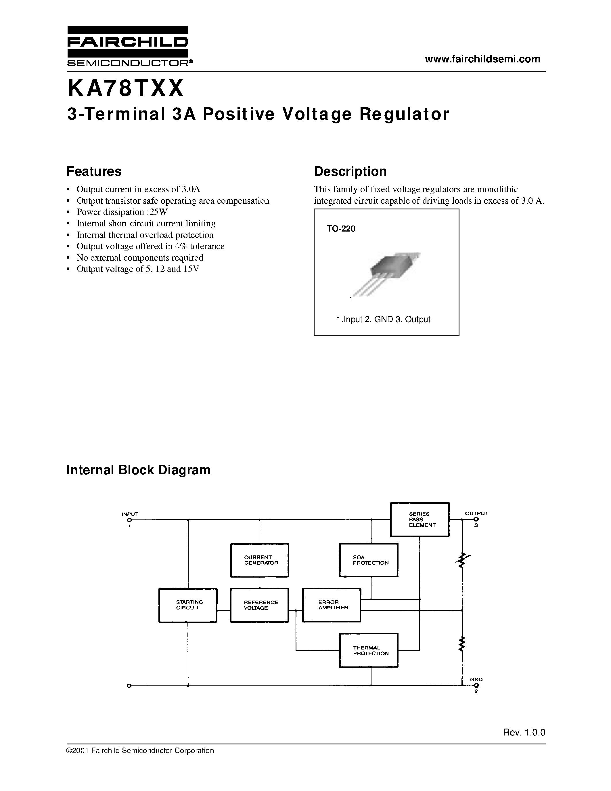 Даташит KA78TXX - 3-Terminal 3A Positive Voltage Regulator страница 1
