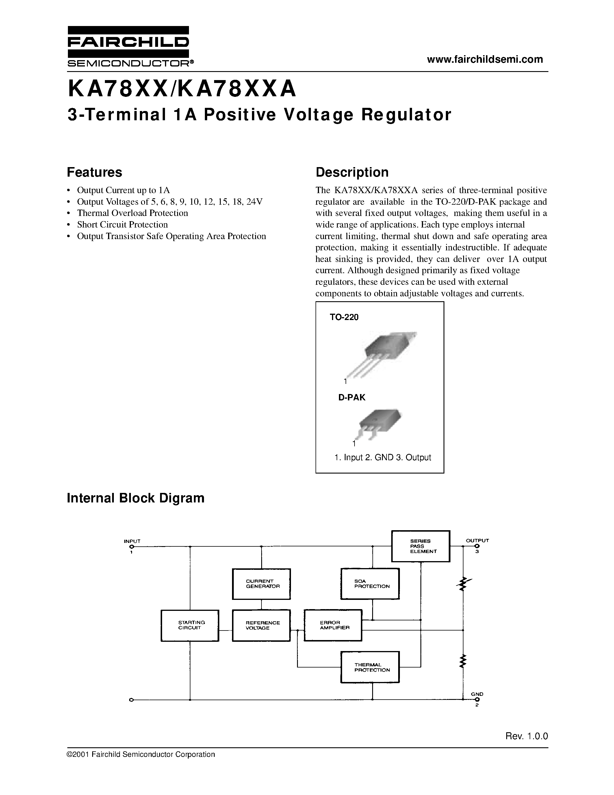 Даташит KA78XX - 3-Terminal 1A Positive Voltage Regulator страница 1