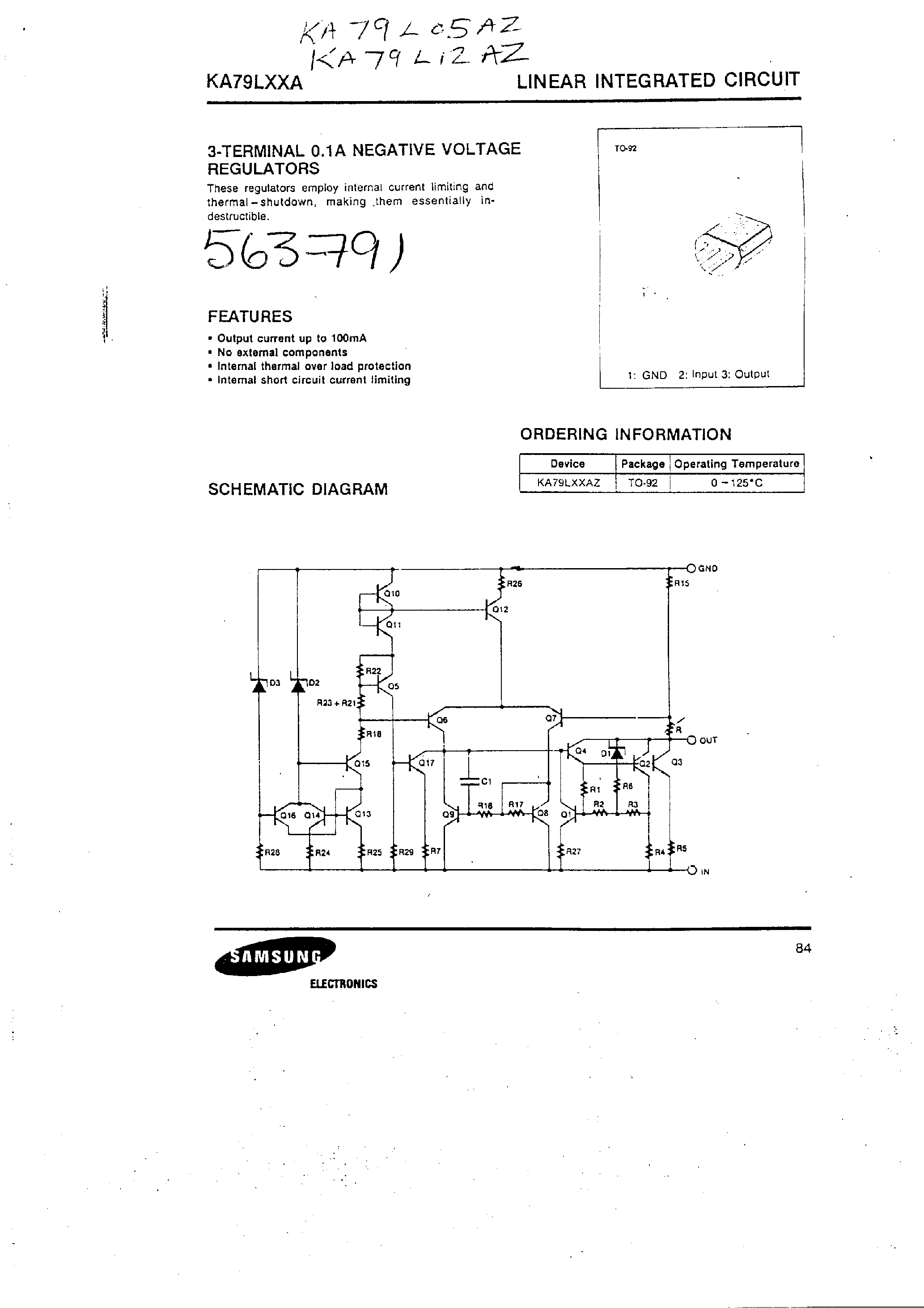 Даташит KA79L01AZ - LINEAR INTEGRATED CIRCUIT страница 1