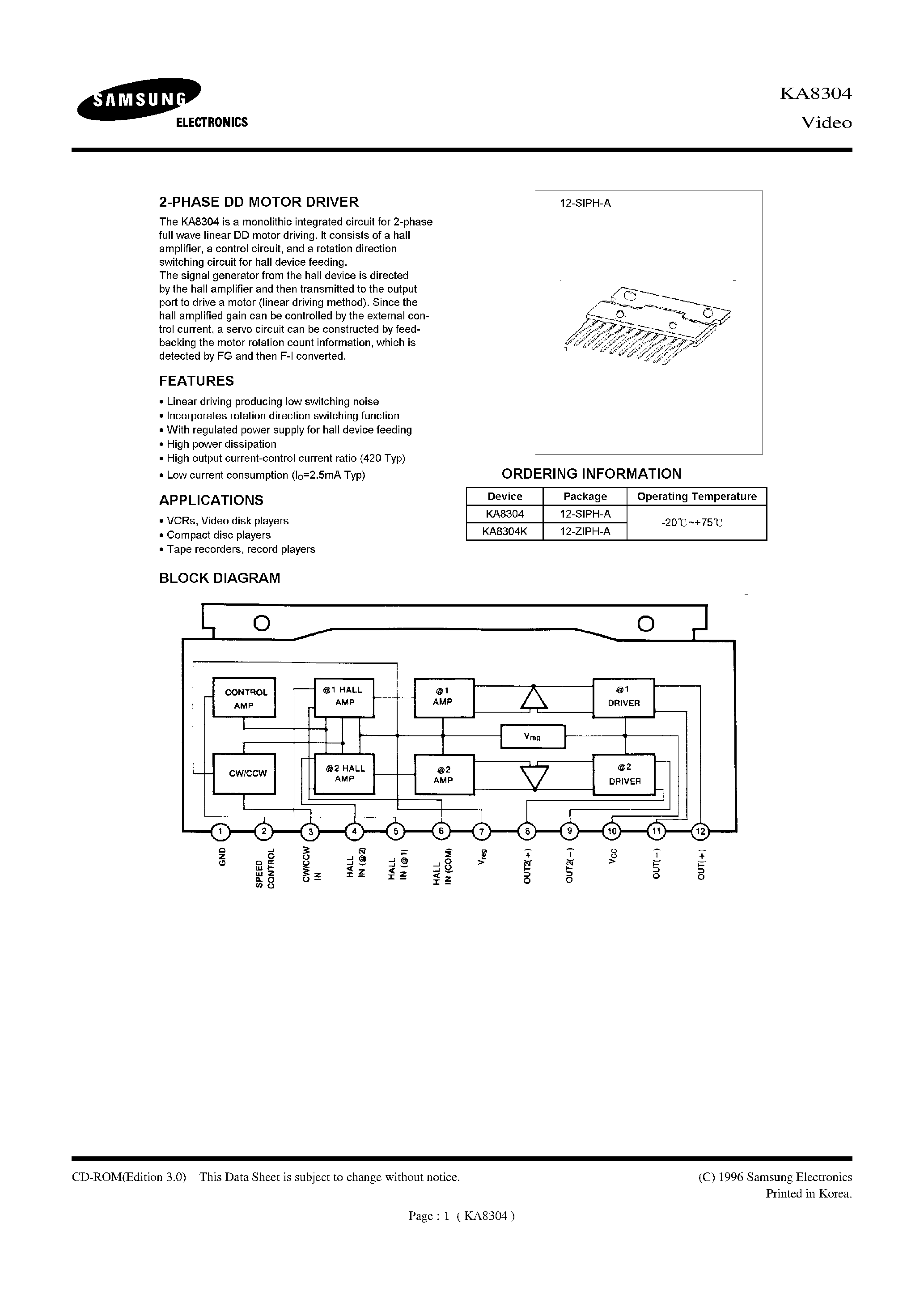 Datasheet KA8304K page 1 Datasheet KA8304K - 2-PHASE DD MOTOR DRIVER page 1