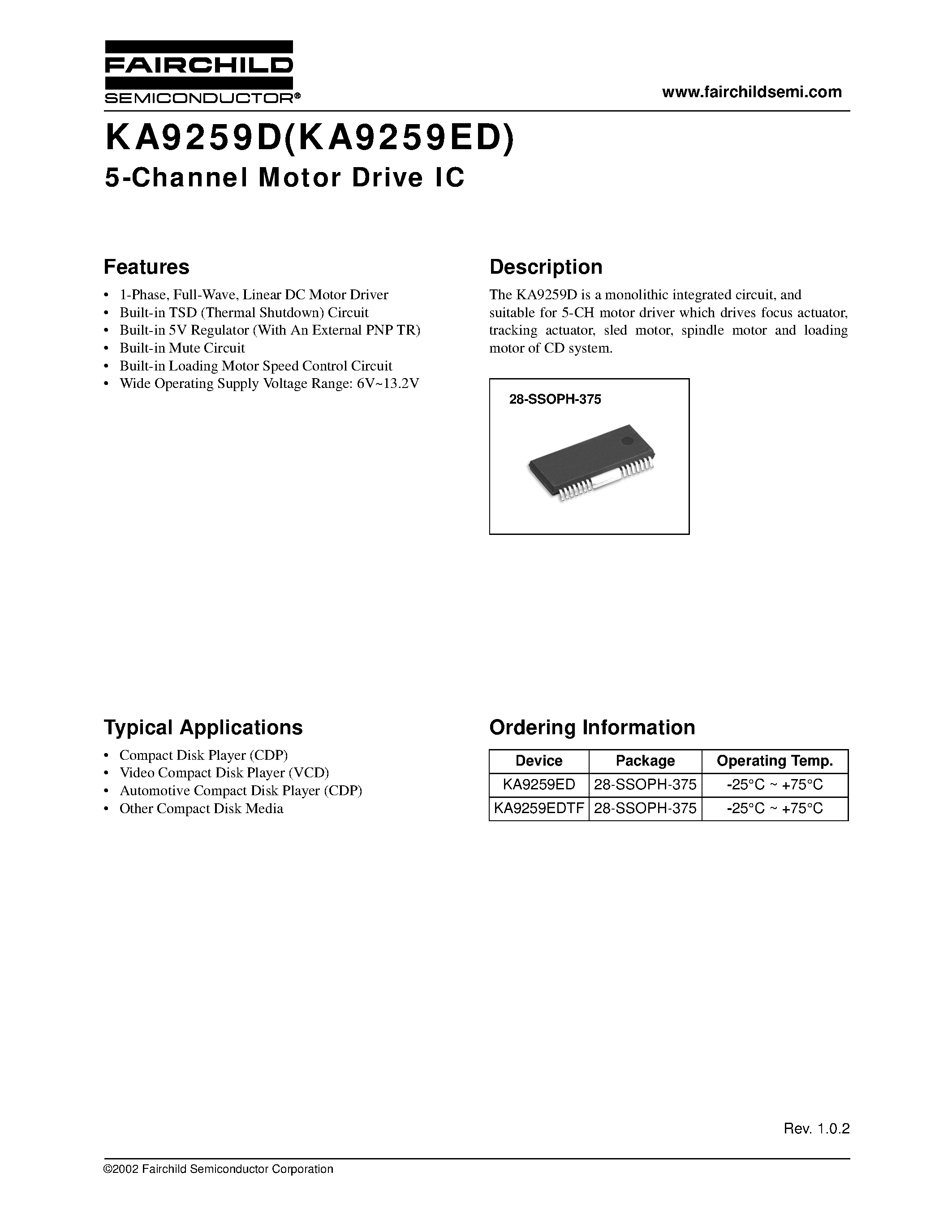 Datasheet KA9259EDTF page 1 Datasheet KA9259EDTF - 5-Channel Motor Drive IC page 1