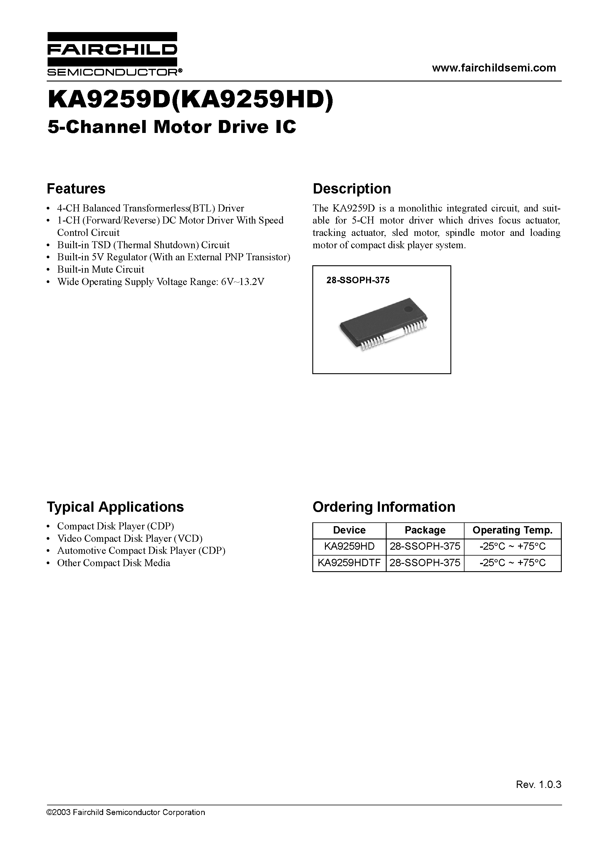 Datasheet KA9259HDTF page 1 Datasheet KA9259HDTF - 5-Channel Motor Drive IC page 1