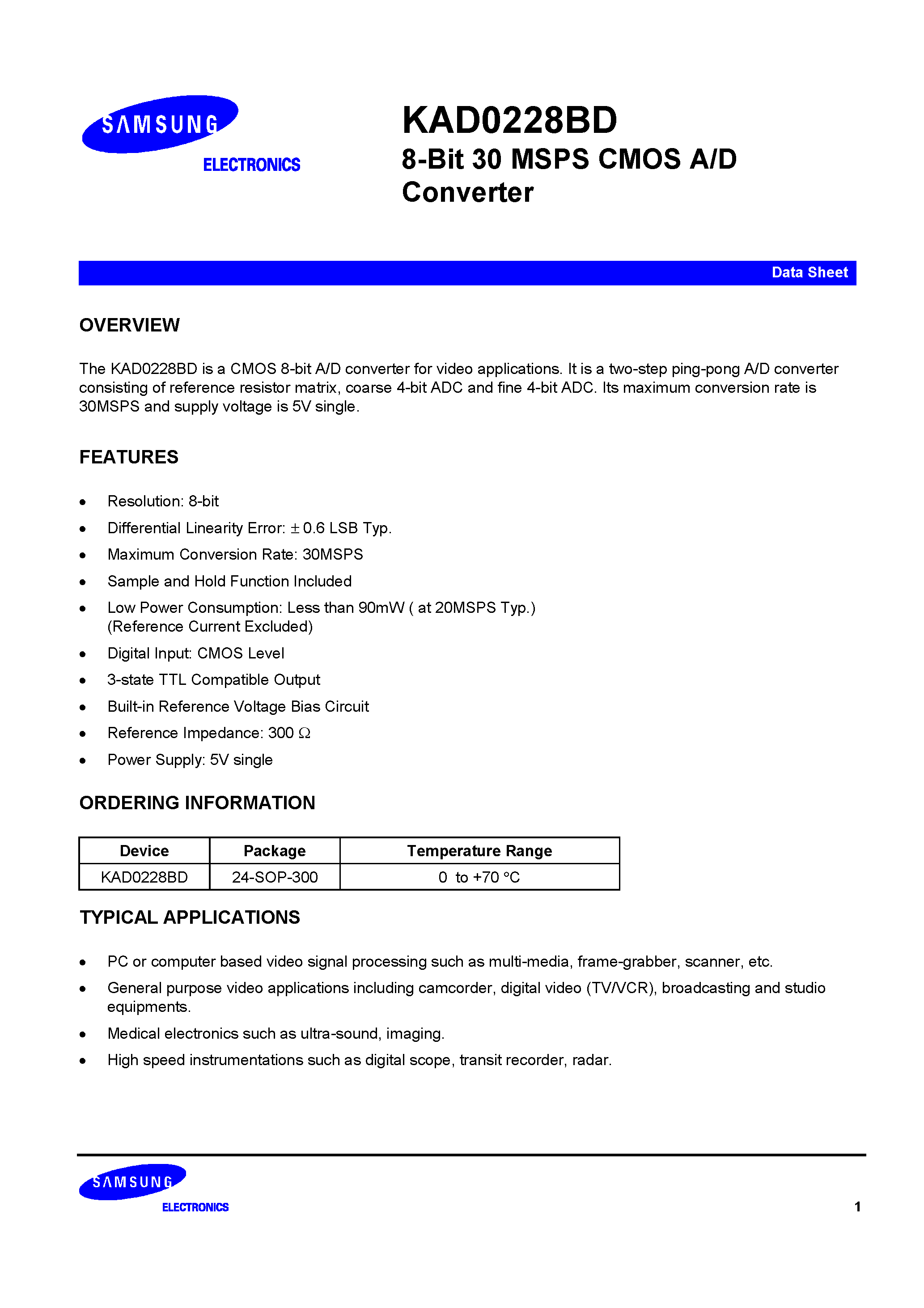 Datasheet KAD0228BD - 8-BIT 30 MSPS CMOS A/D CONVERTER page 1