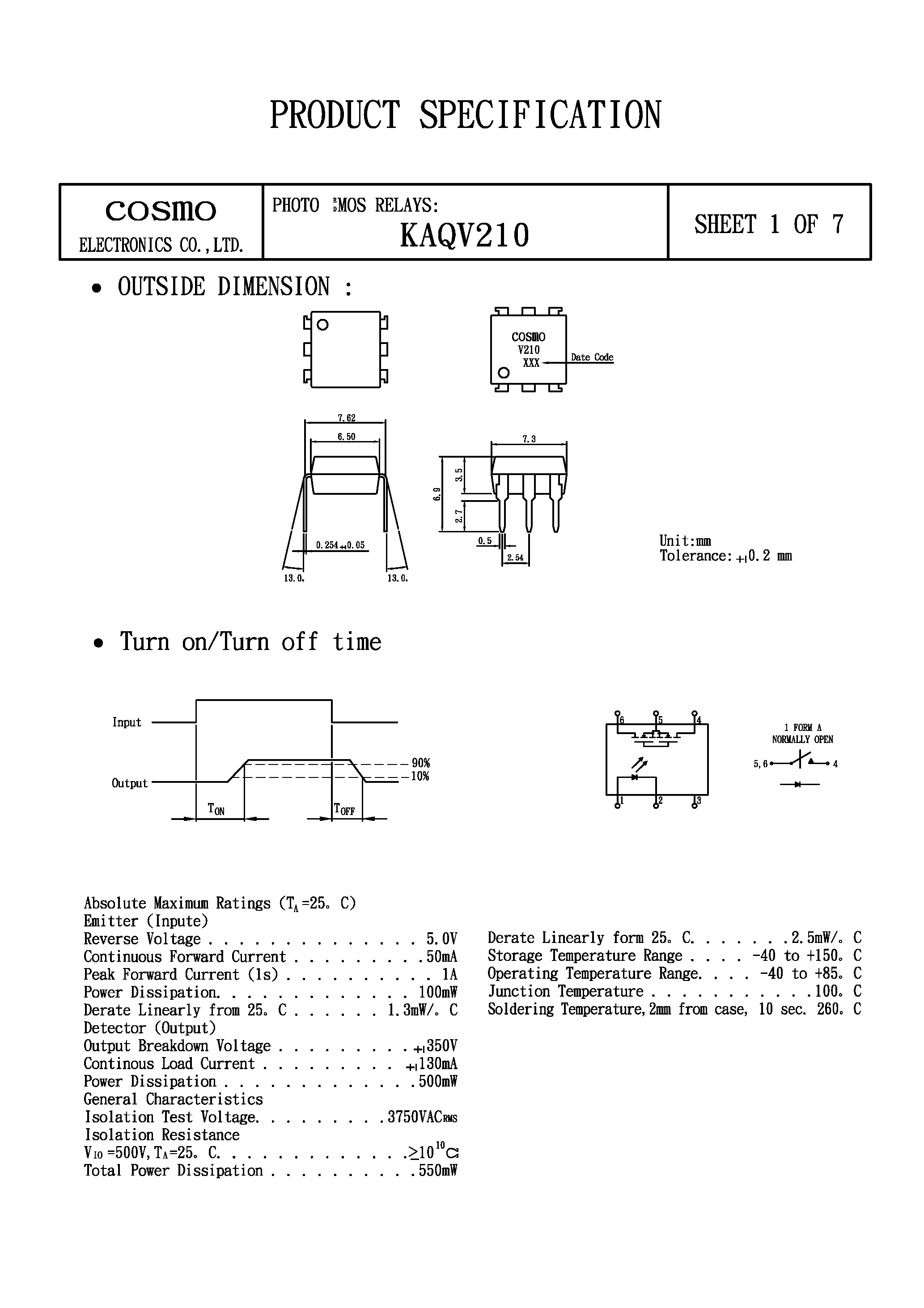 Datasheet KAQV210 - MOS RELAYS page 1