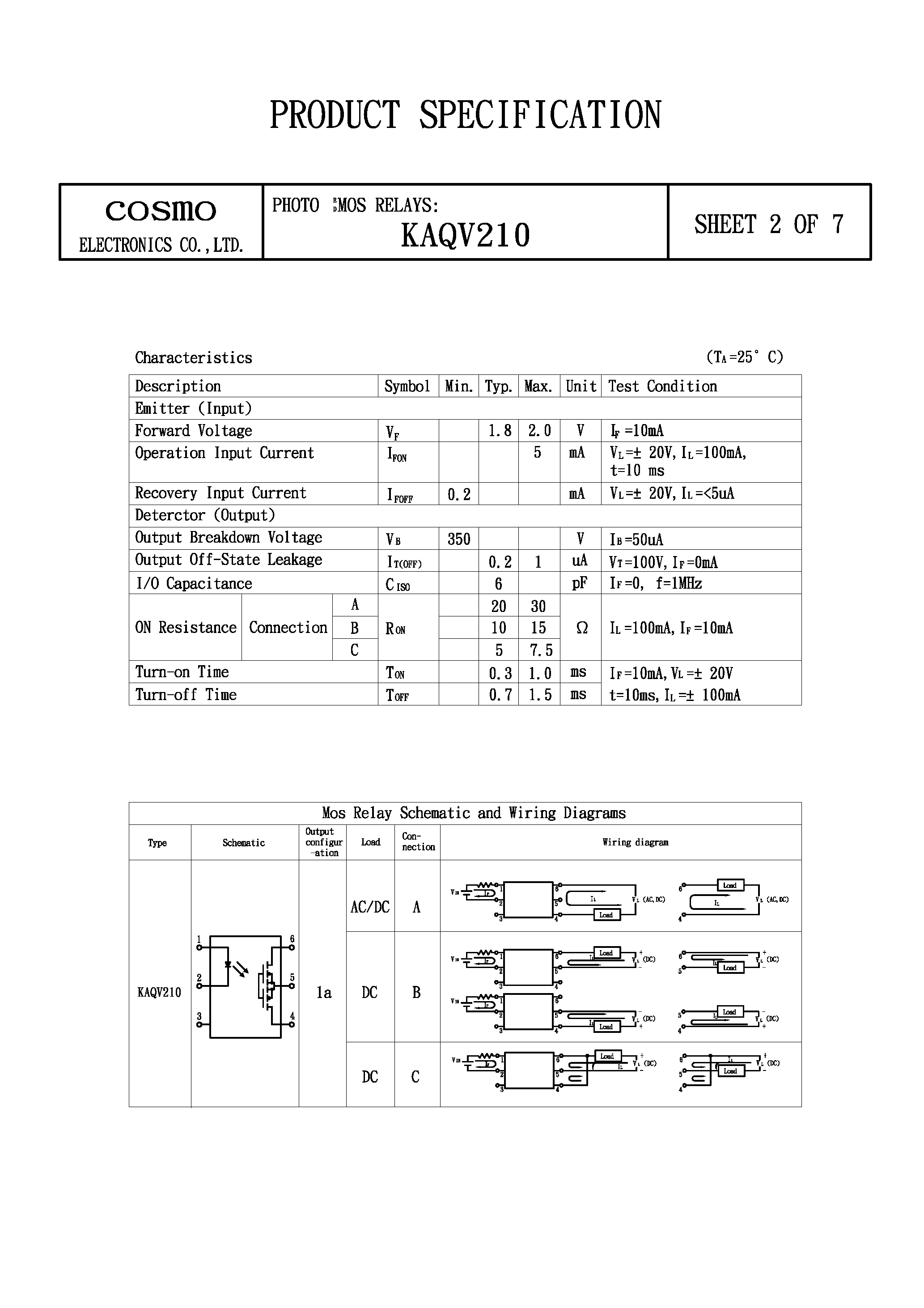 Datasheet KAQV210 - MOS RELAYS page 2