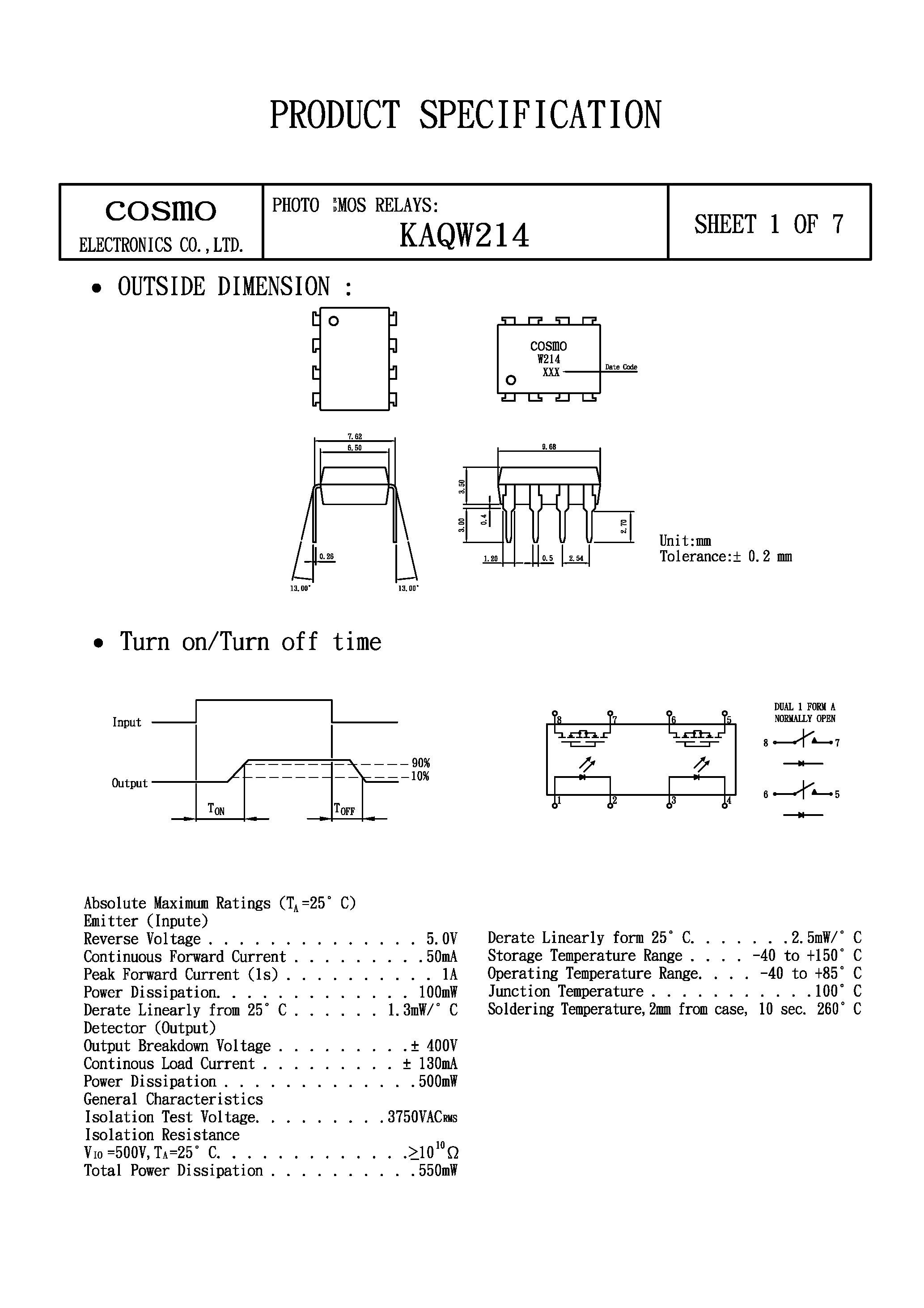 Datasheet KAQW214 - PHOTO MOS RELAYS page 1