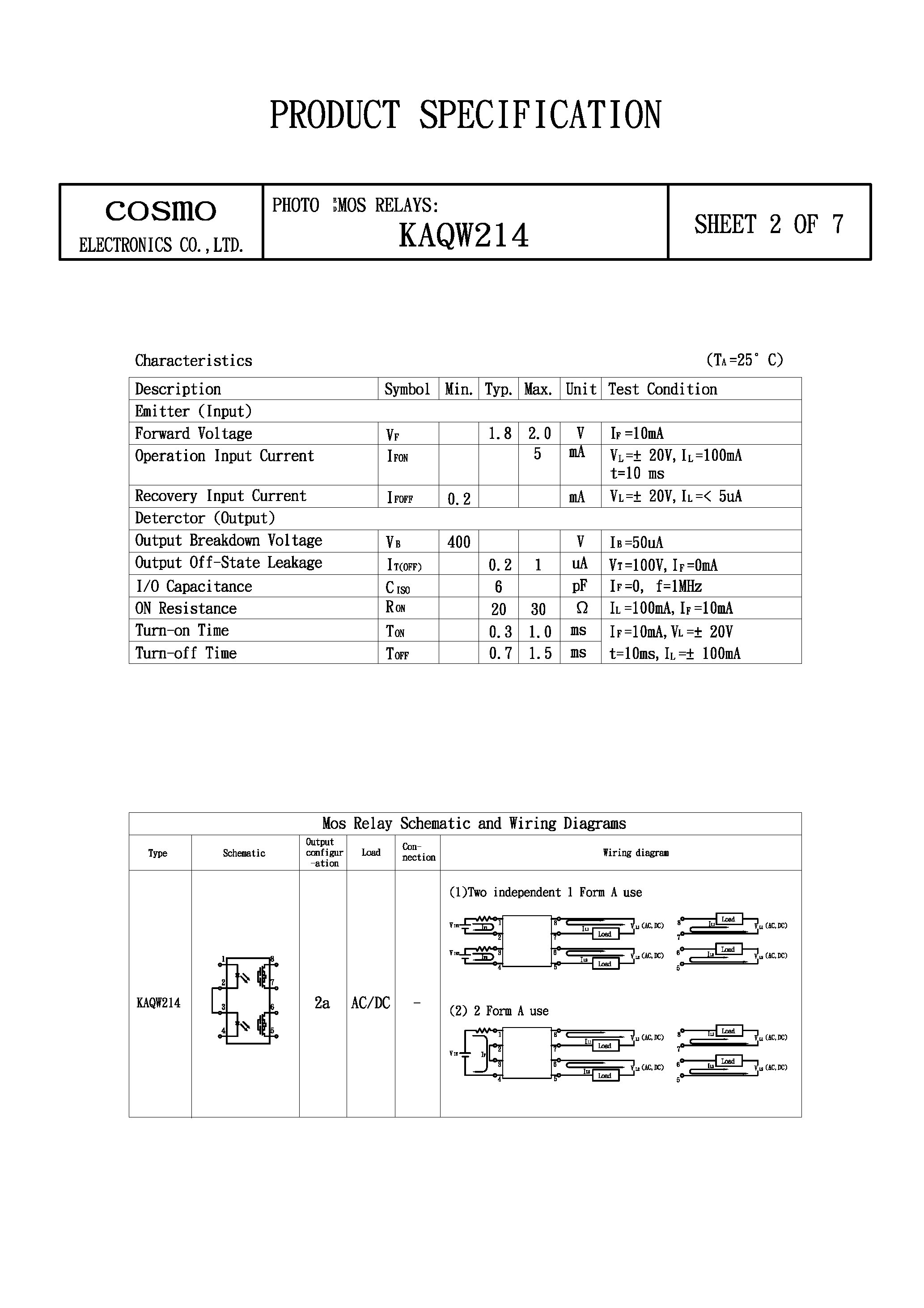Datasheet KAQW214 - PHOTO MOS RELAYS page 2
