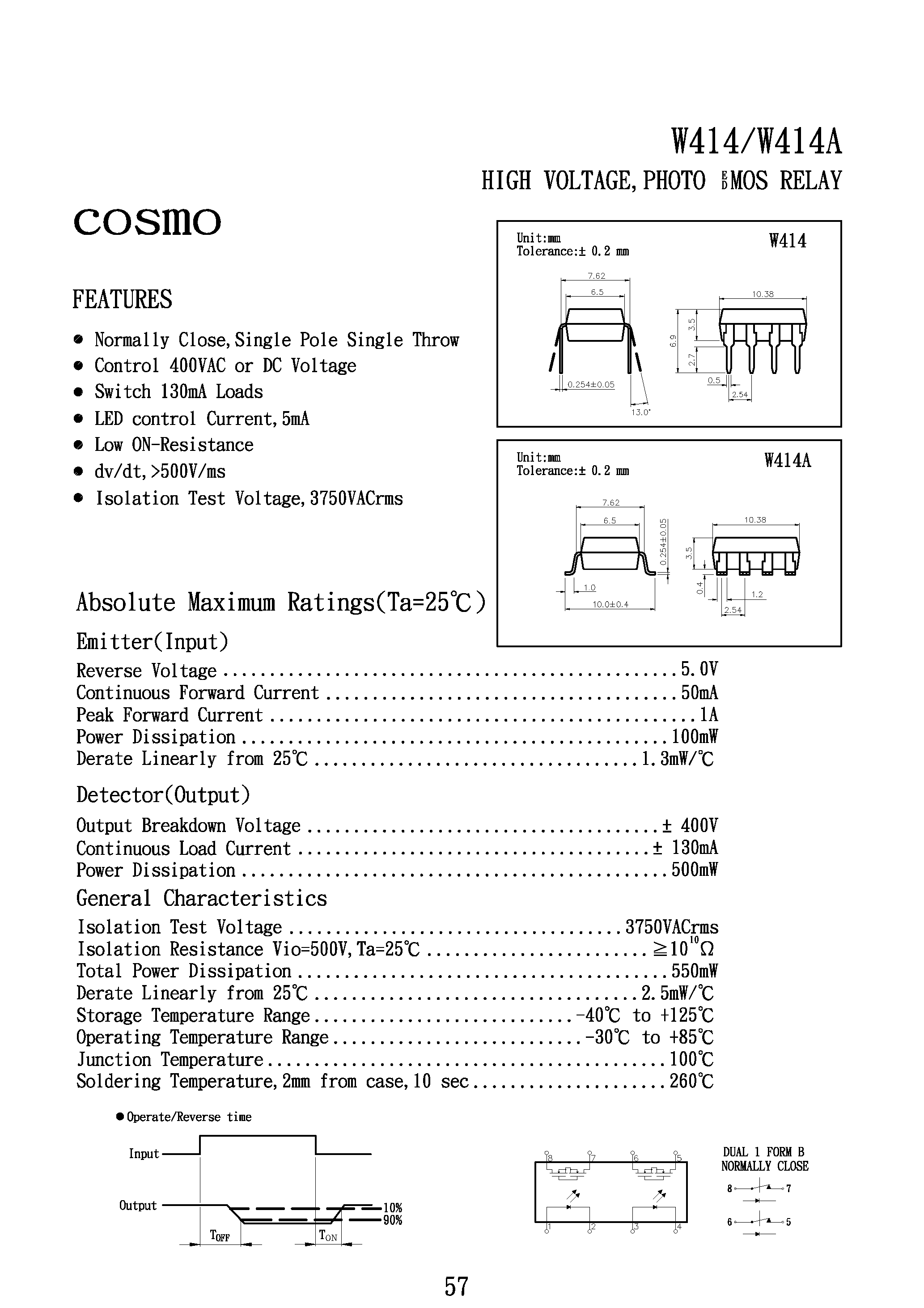 Даташит KAQW414A - HIGH VOLTAGE/ PHOTO MOS RELAY страница 1