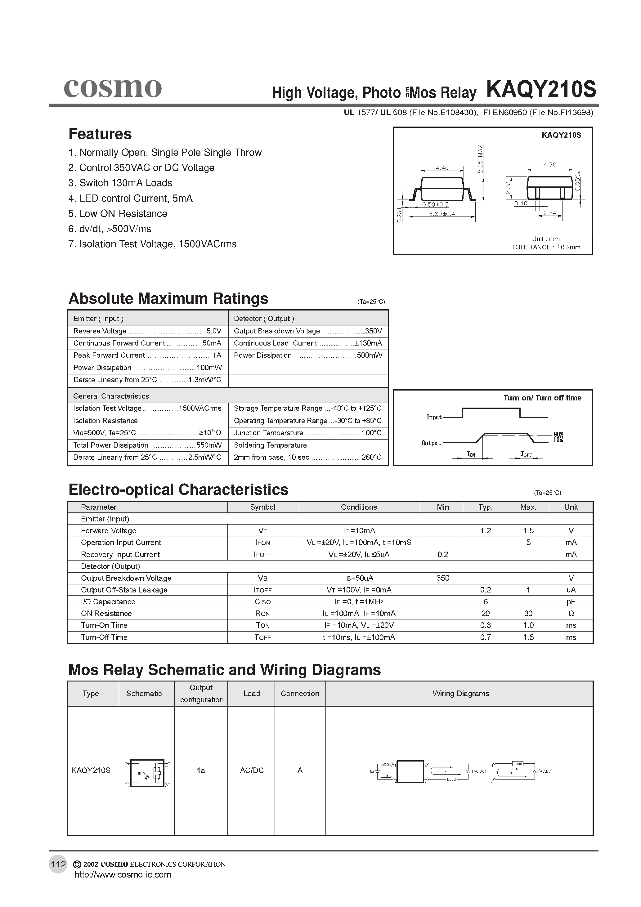 Даташит KAQY210S - High Voltage/ Photo Mos Relay ED страница 1