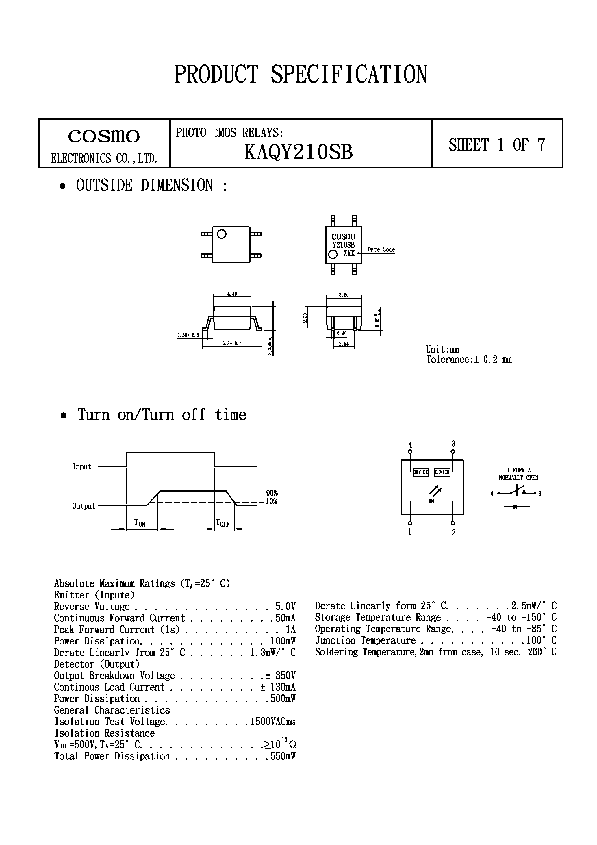 Datasheet KAQY210SB - PHOTO MOS RELAYS page 1