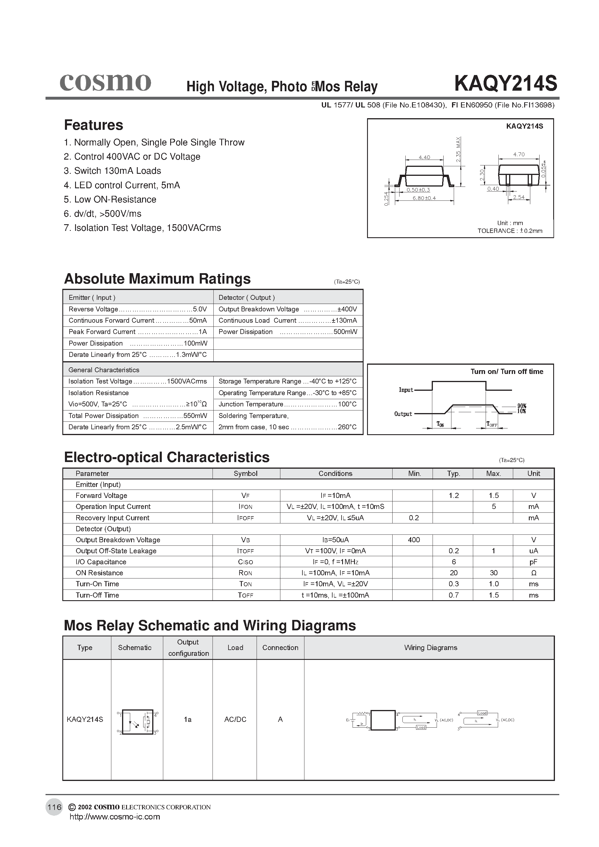 Даташит KAQY214S - High Voltage/ Photo Mos Relay страница 1