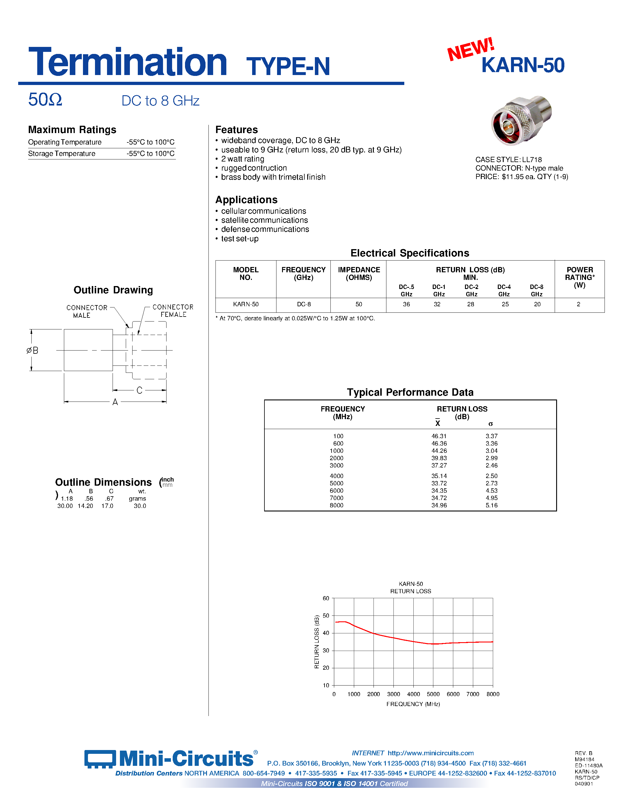 Datasheet KARN-50 - Termination TYPE-N 50 DC to 8 GHz page 1