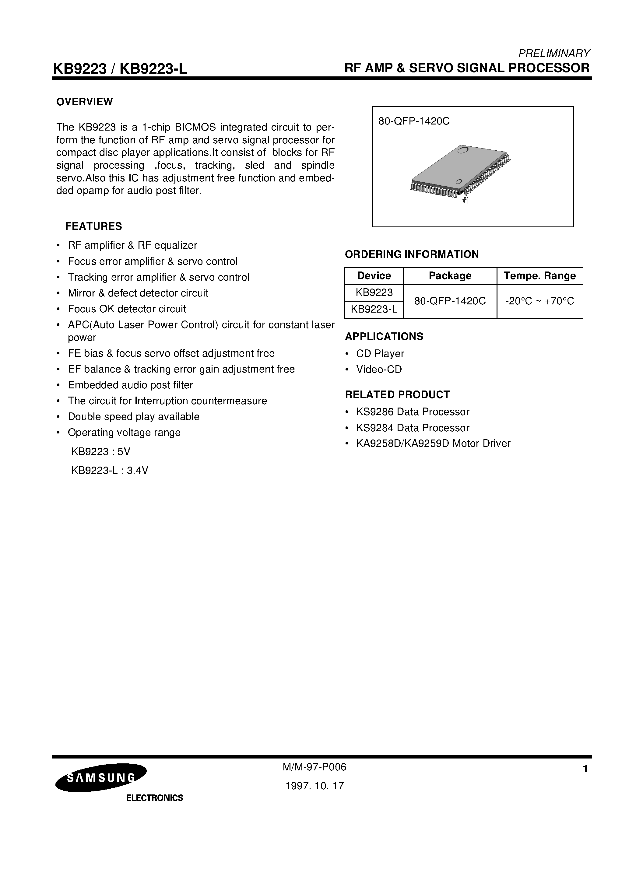 Datasheet KB9223-L - RF AMP & SERVO SIGNAL PROCESSOR page 1