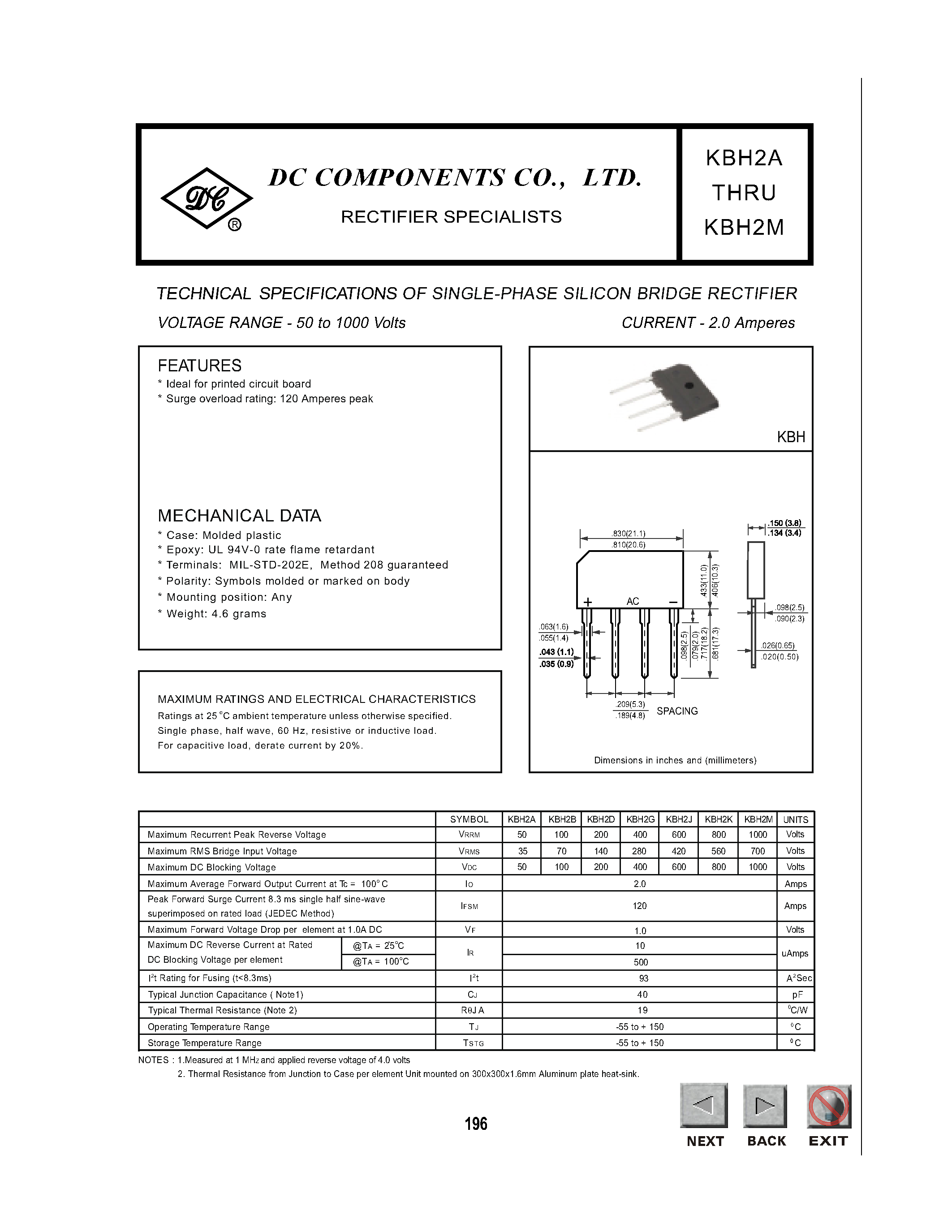 Datasheet KBH2 - TECHNICAL SPECIFICATIONS OF SINGLE-PHASE SILICON BRIDGE RECTIFIER page 1