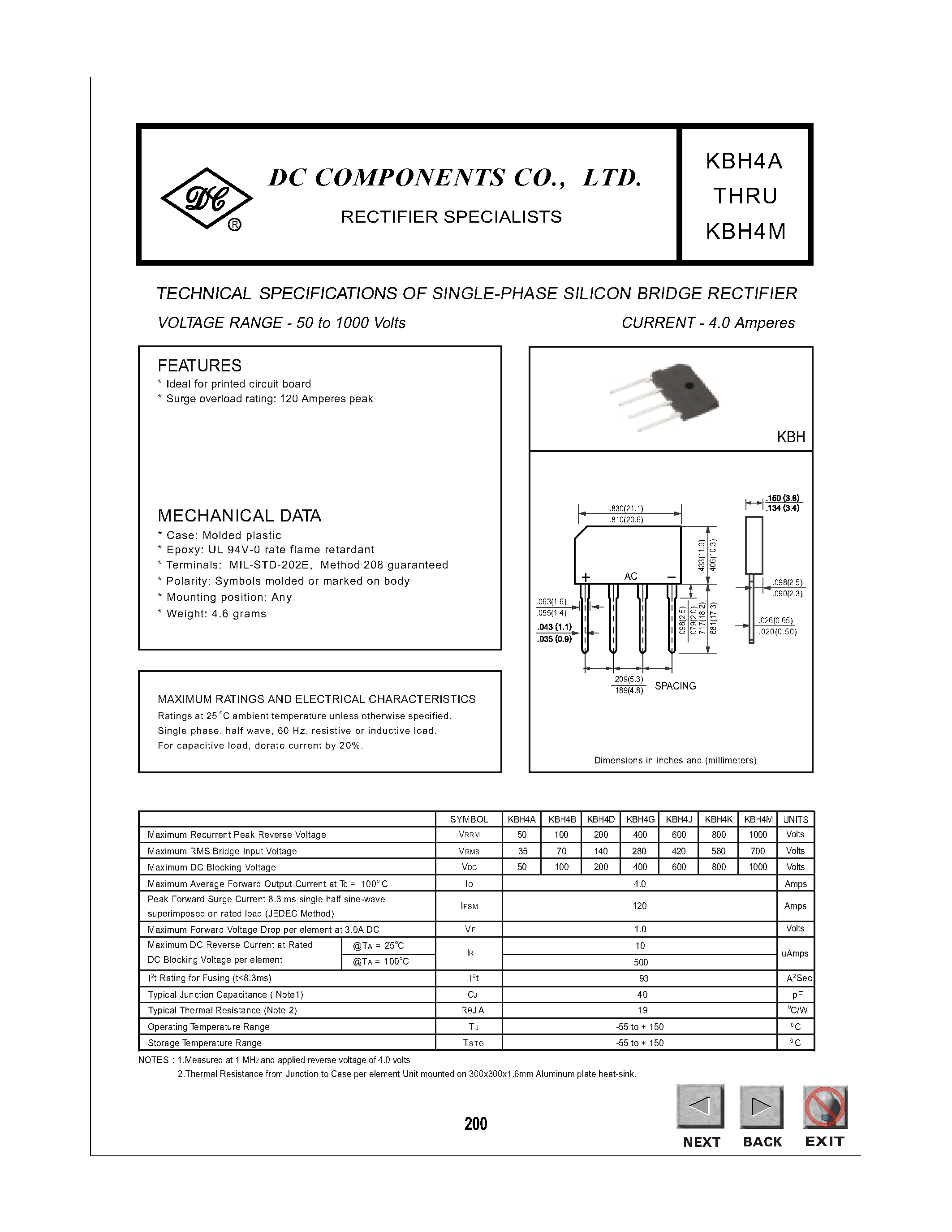 Datasheet KBH4B page 1 Datasheet KBH4B - TECHNICAL SPECIFICATIONS OF SINGLE-PHASE SILICON BRIDGE RECTIFIER page 1
