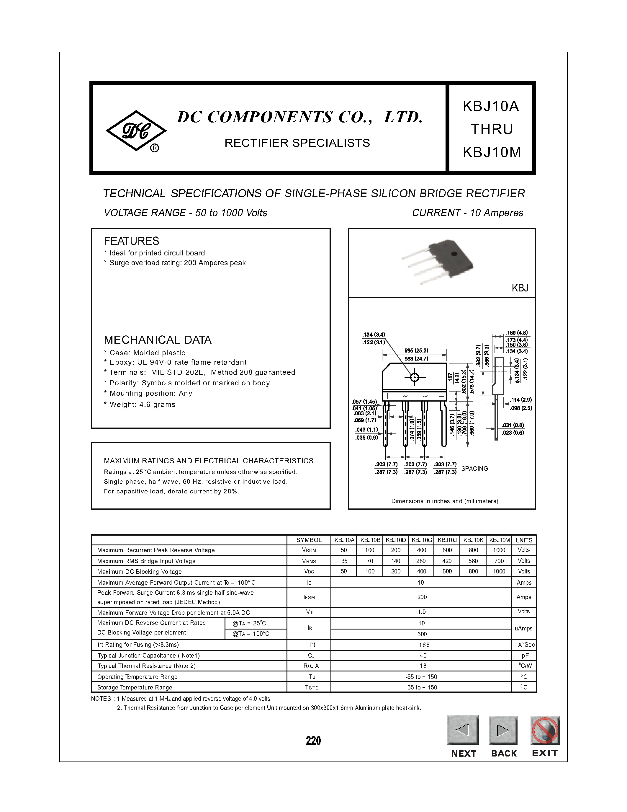 Datasheet KBJ10A - TECHNICAL SPECIFICATIONS OF SINGLE-PHASE SILCON BRIDGE RECTIFIER page 1