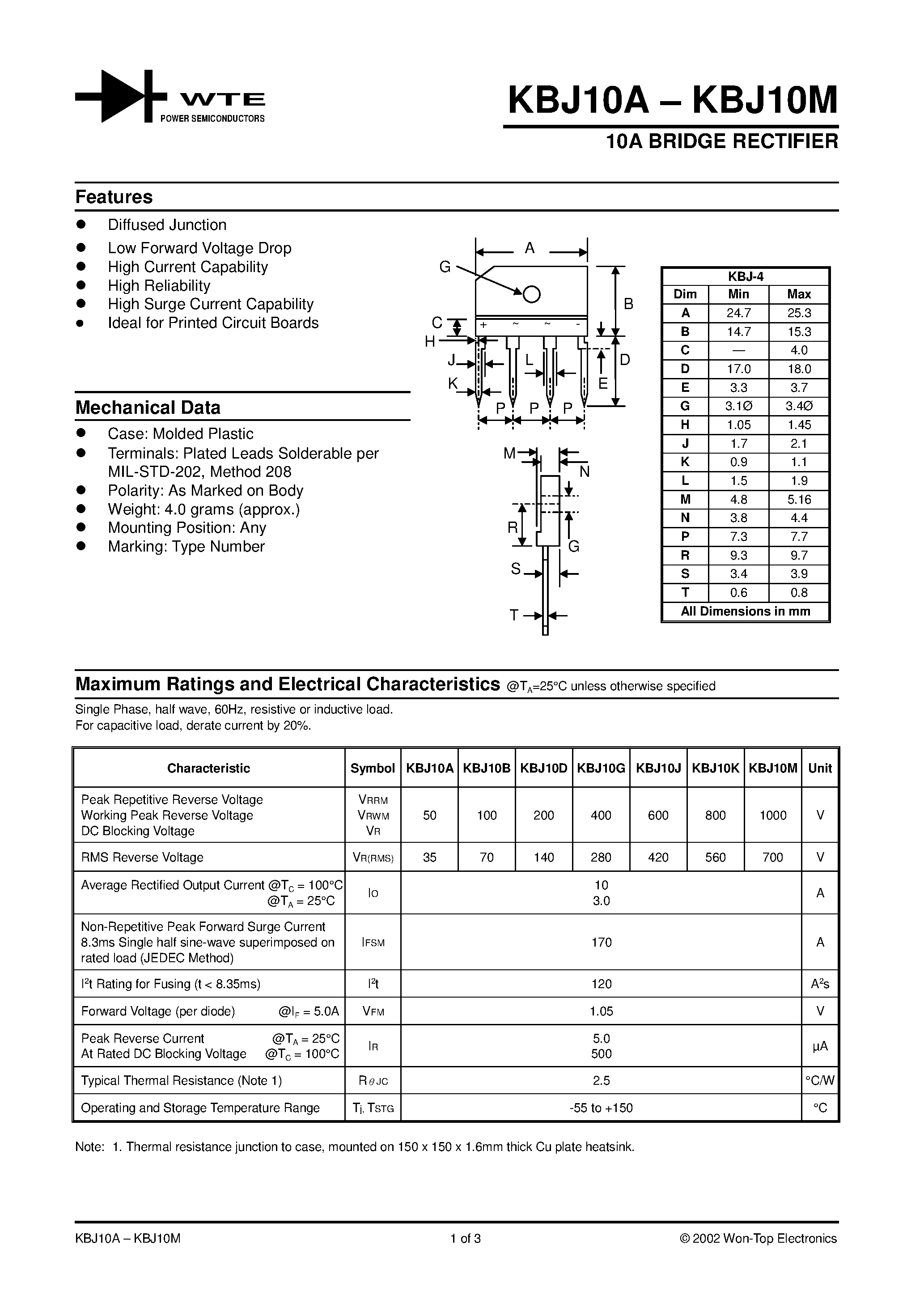 Datasheet KBJ10D - 10A BRIDGE RECTIFIER page 1