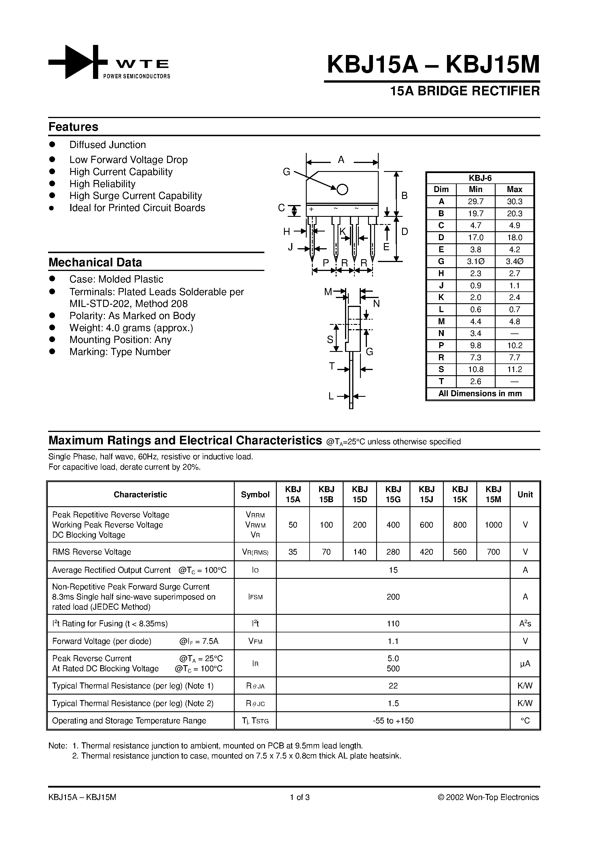 Datasheet KBJ15A page 1 Datasheet KBJ15A - 15A BRIDGE RECTIFIER page 1
