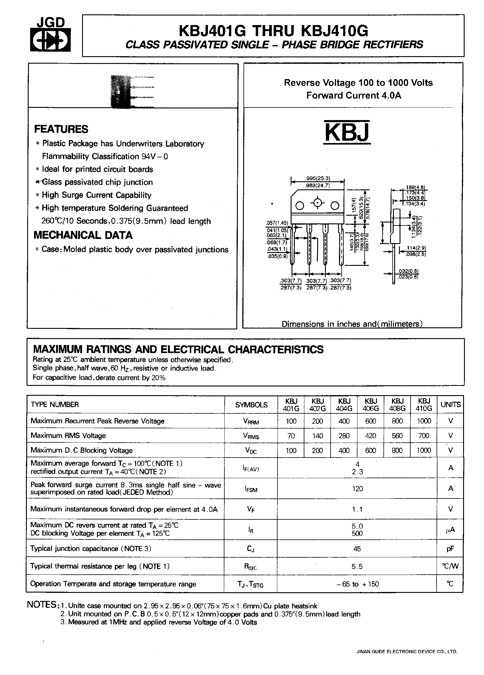 Datasheet KBJ404G page 1 Datasheet KBJ404G - CLASS PASSIVATED SINGLE-PHASE BRIDGE RECTIFIERS page 1