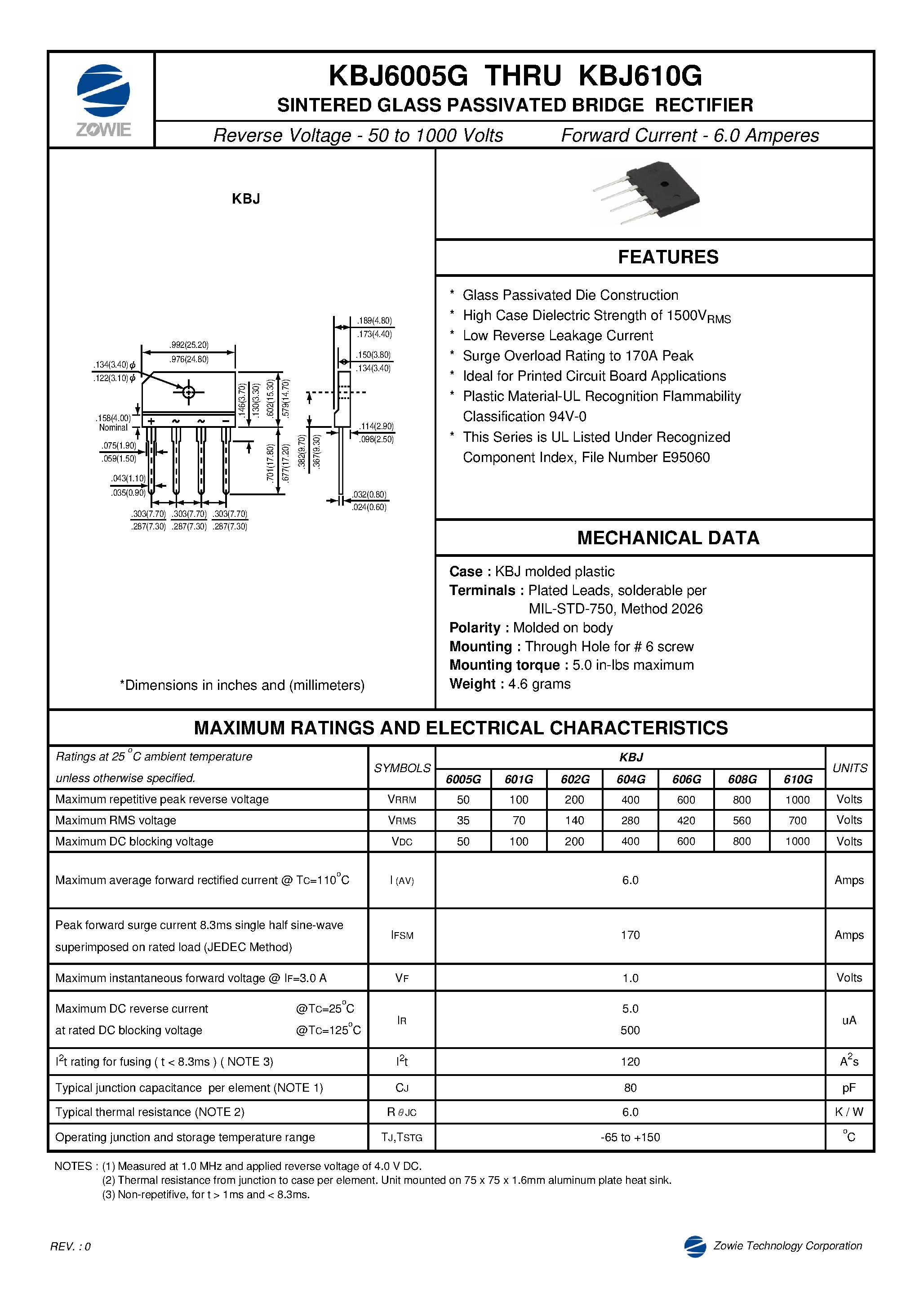 Datasheet KBJ6005G page 1 Datasheet KBJ6005G - SINTERED GLASS PASSIVATED BRIDGE RECTIFIER page 1