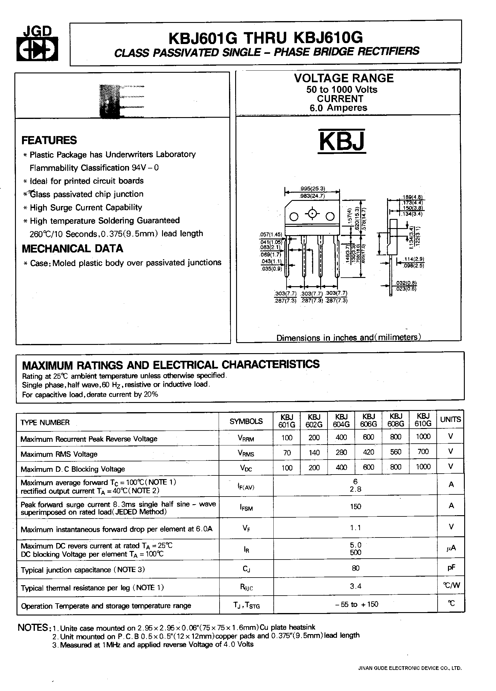 Datasheet KBJ604G page 1 Datasheet KBJ604G - CLASS PASSIVATED SINGLE-PHASE BRIDGE RECTIFIERS page 1